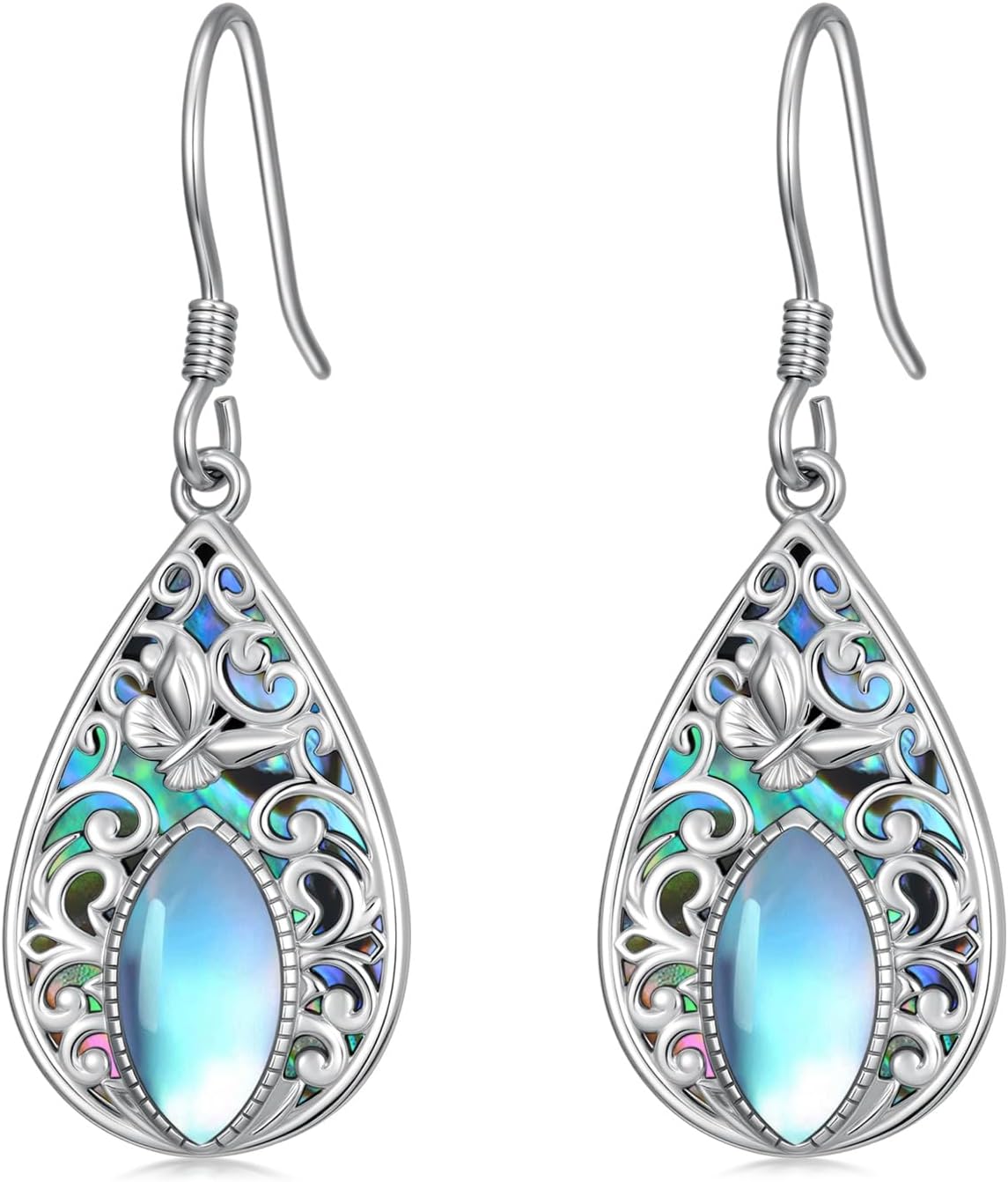 Dorunmo Filigree Earrings Sterling Silver Moonstone Teardrop Filigree Abalone Shell Drop Dangle Earrings Leverback Jewelry