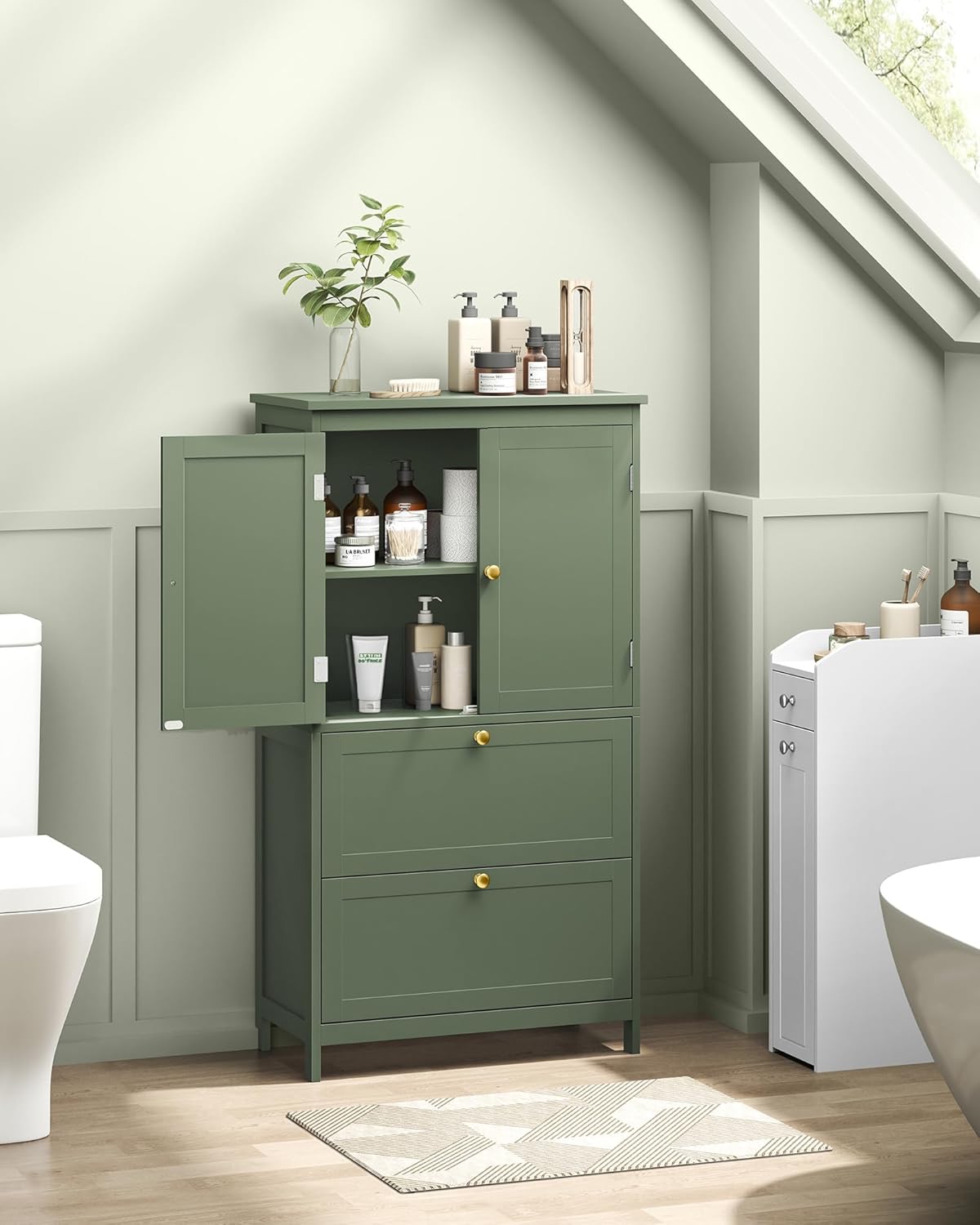 vasagle bathroom floor storage cabinet, bathroom storage unit, freestanding cabinet with 2 drawers and 2 doors, adjustable shelf, 11.8 x 23.6 x 43.3 inches, forest green ubbc551c01 forest green 2 doors + 2 drawers
