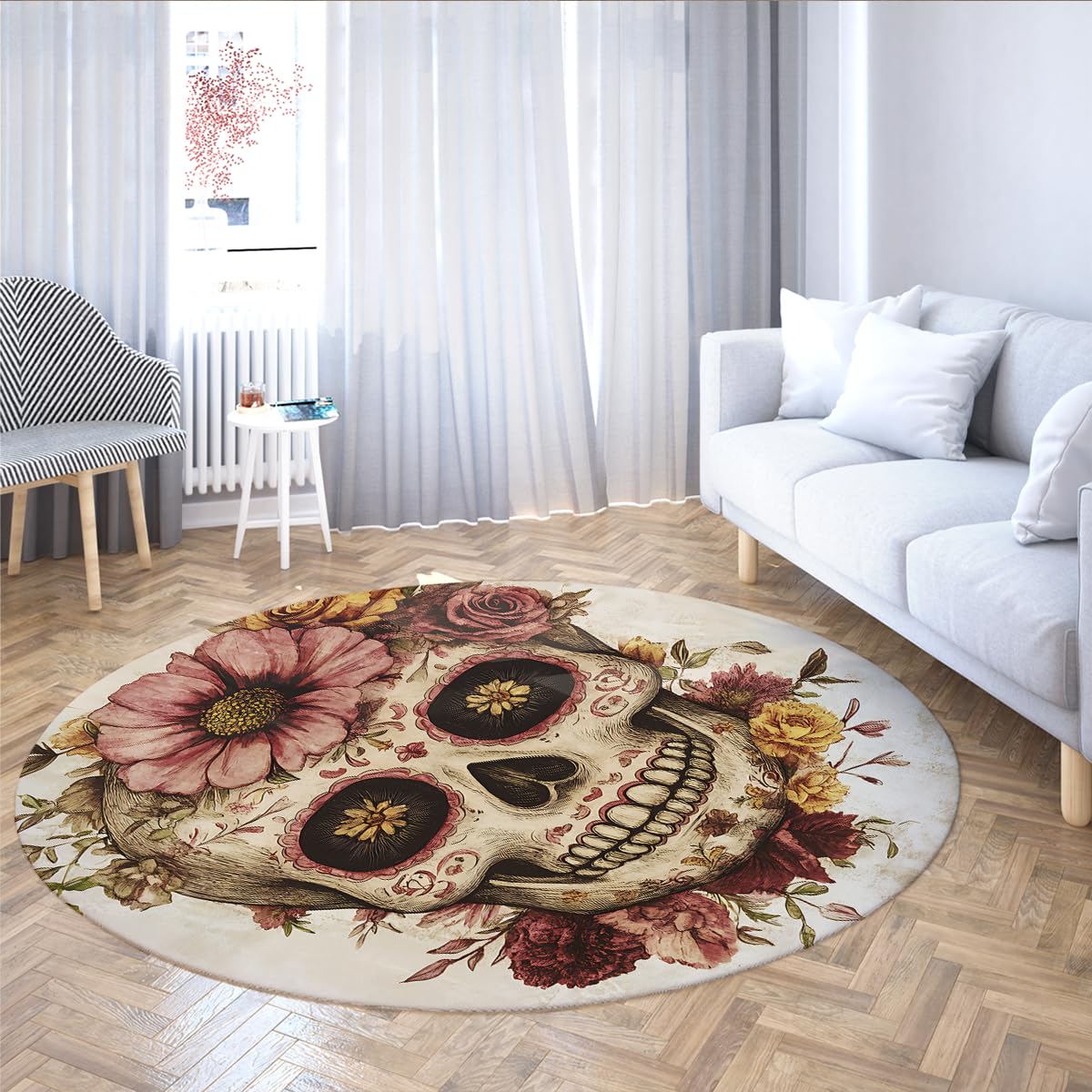 Tapis rond lavable et antidérapant crânes vintage floral 150cm