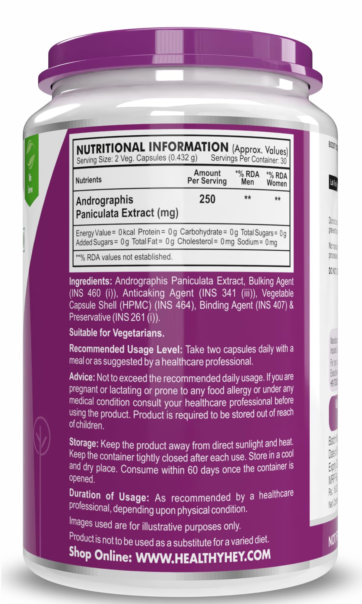 HealthyHey Nutrition Andrographis Paniculata extract - 250 mg per serving - 60 Vegetable Capsules