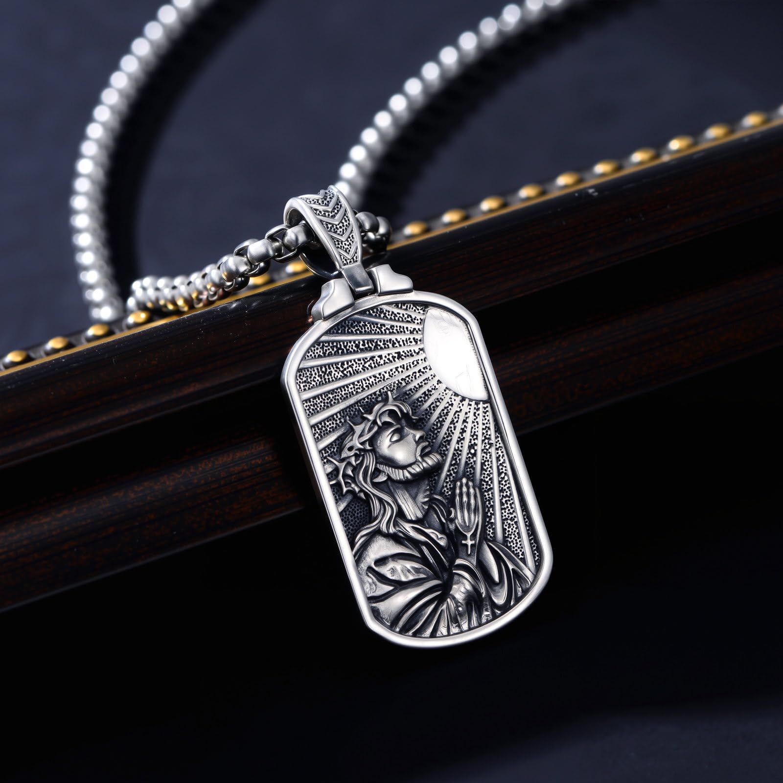Collana da uomo in argento Sterling 925 con ciondolo a forma di medaglietta religiosa ossidata con preghiera, gioiello cristiano di Gesù Cristo, regalo per uomini