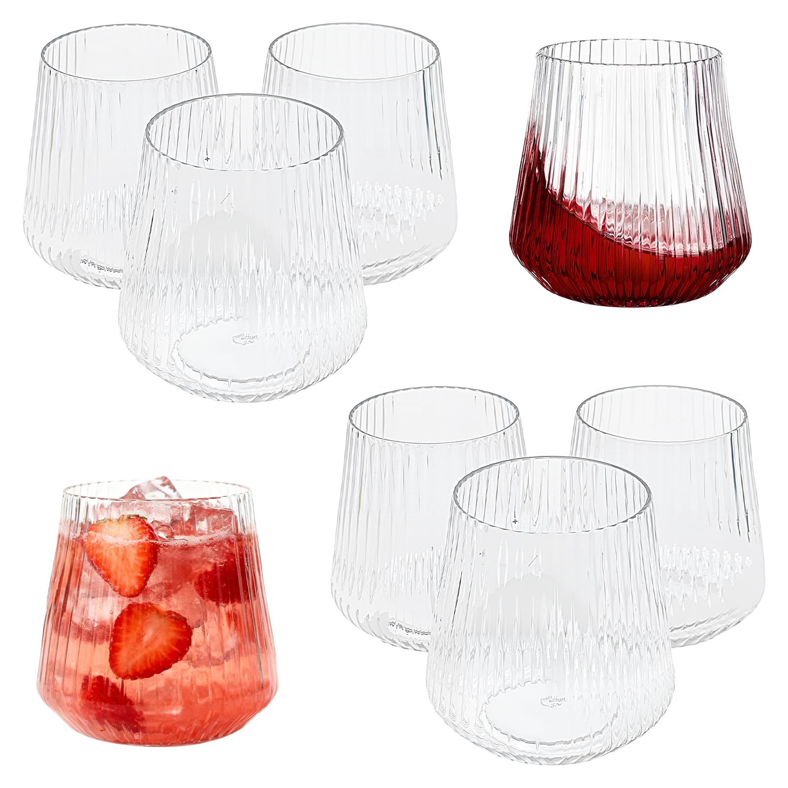 Vurixfo 8 Pack Plastic Ribbed Wine Glasses, 14 oz Clear Shatterproof Wine Glass Reusable Vintage Stemless Cups Unbreakable Drinking Glasses for Champagne Catering Weddings Outdoor Indoor Party Bar