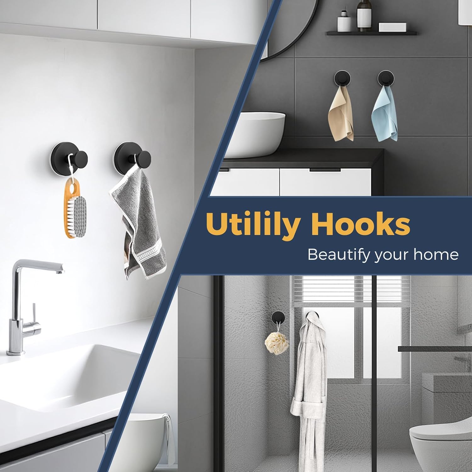 Large Suction Cup Hooks for Shower,Glass Window&Door,Mirror,Reusable Shower Hooks,No-Drill Removable Towel Hooks for Bathroom,4 Packs(Matte Black)