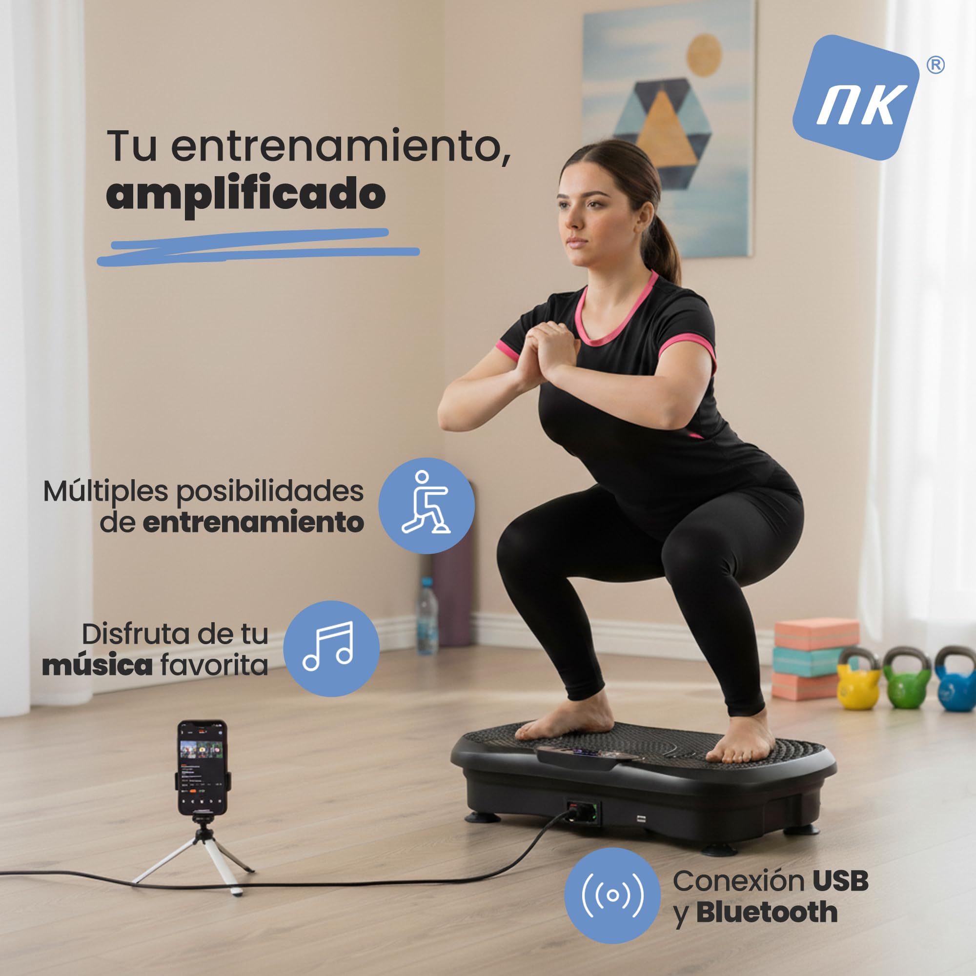 NK Plataforma Vibratoria de Entrenamiento, 99 Velocidades, 5 Modos Automáticos, Pantalla LED, Altavoz Bluetooth, Máquina de Ejercicio en Casa con Bandas de Resistencia, Silenciosa y Compacta