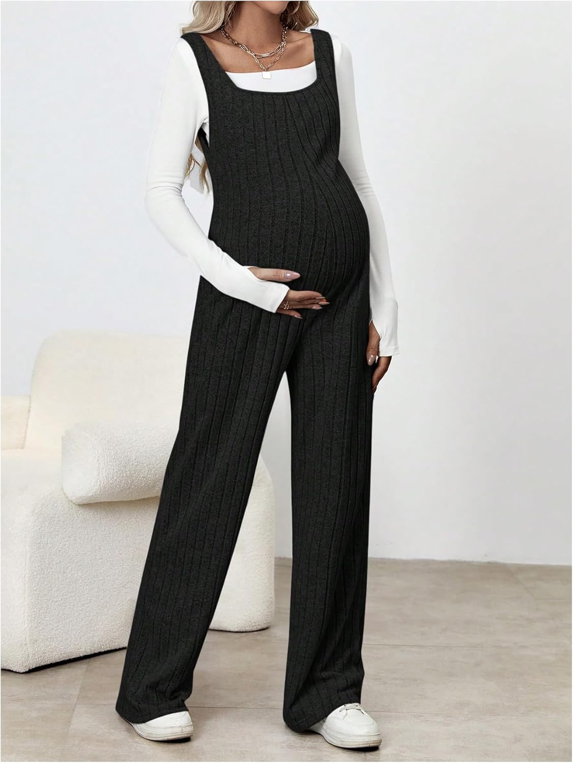 MakeMeChic Women's Maternity Jumpsuits Sleeveless Rib Knitted Straight Leg Overalls Romper - Image 6