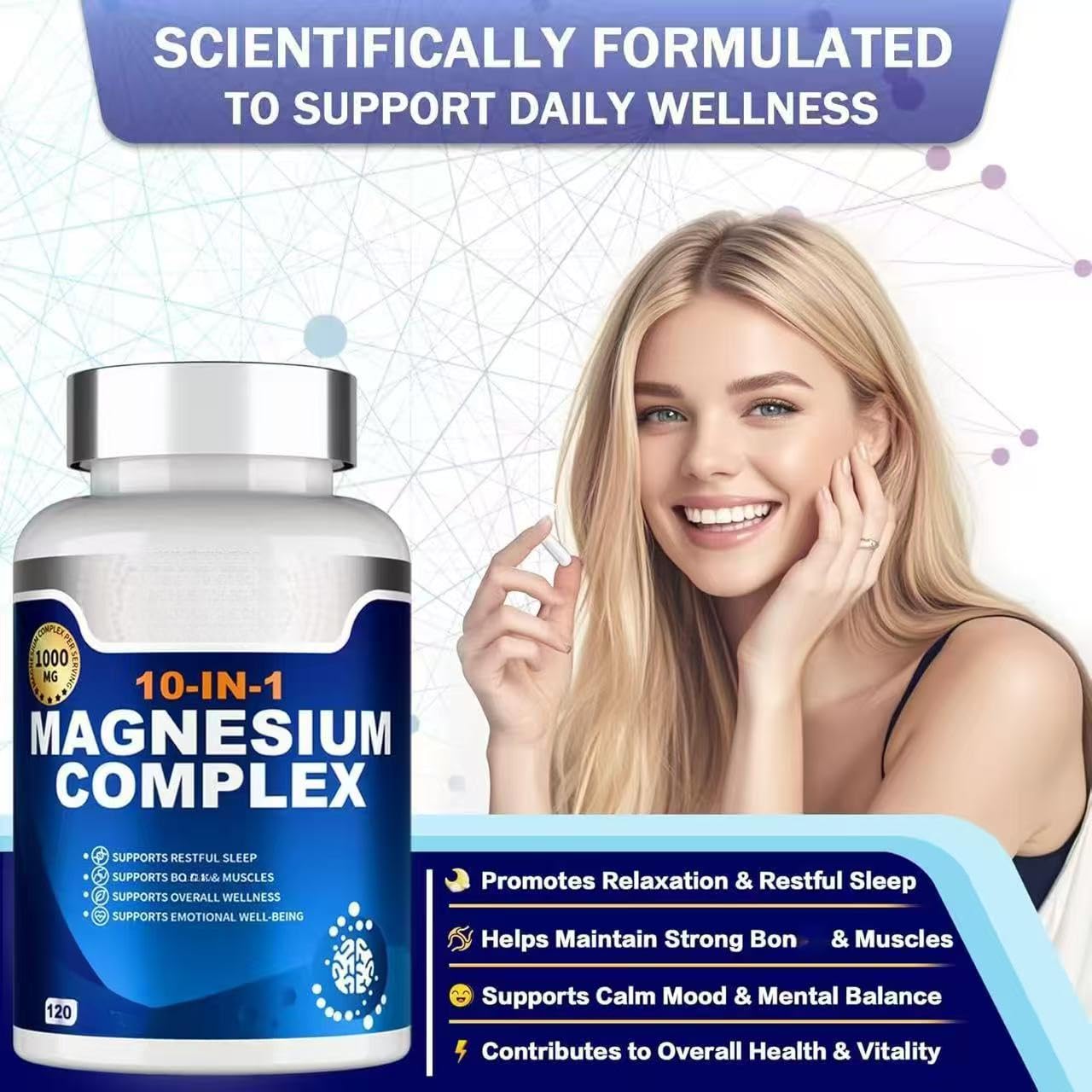 Complejo de magnesio, apoya la salud de los músculos y las articulaciones, alivia el estado de ánimo y el estrés, promueve el sueño, la energía y la vitalidad y promueve el metabolismo.