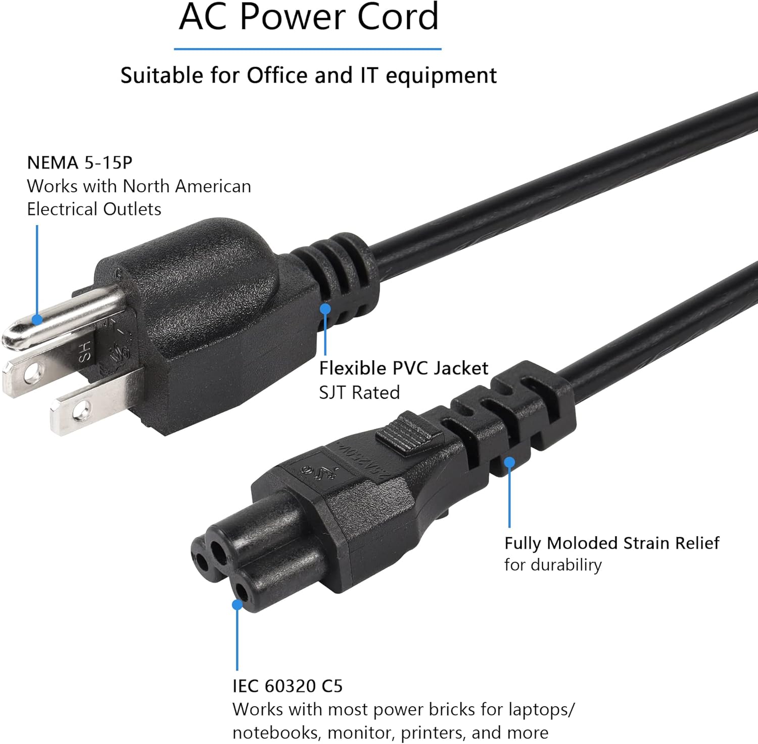 CEERXIAN 3 Prong AC Short Power Cord, 1ft Nema 5-15P Male to IEC 320 C5 Female Laptop Power Replacement Cord for Notebook Computer(Black，0.3m) image 3 of 5 B0B1TTHQJJ