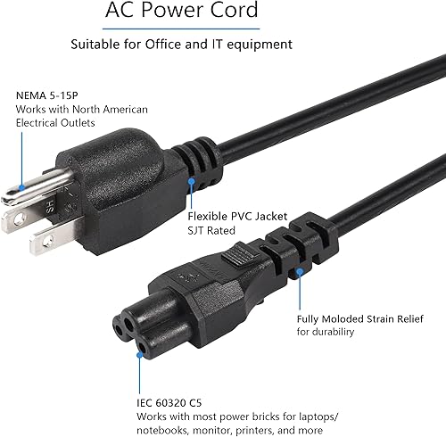 Miniatura 3 de CEERXIAN - Cable de alimentación corto de CA de 3 clavijas, Nema 5-15P macho a IEC 320 C5 hembra, cable de repuesto para computadora portátil