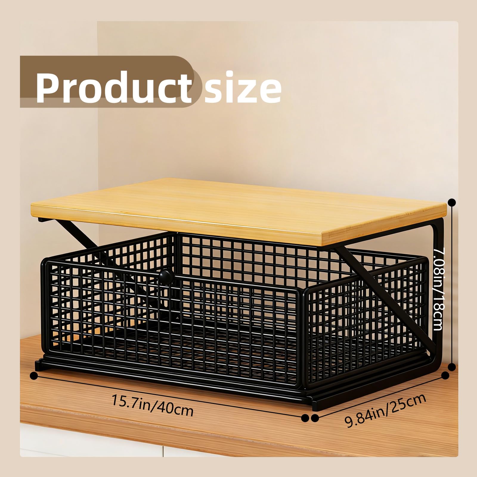 1-Eben Metall Küchenorganizer Arbeitsplatte, Ausziehbare Schublade, Multifunktionaler Tisch-Aufbewahrungsregal für Snacks, Teebeutel & Kleingeräte, Platzsparender Organizer (Schwarz+Naturholzfarbe)