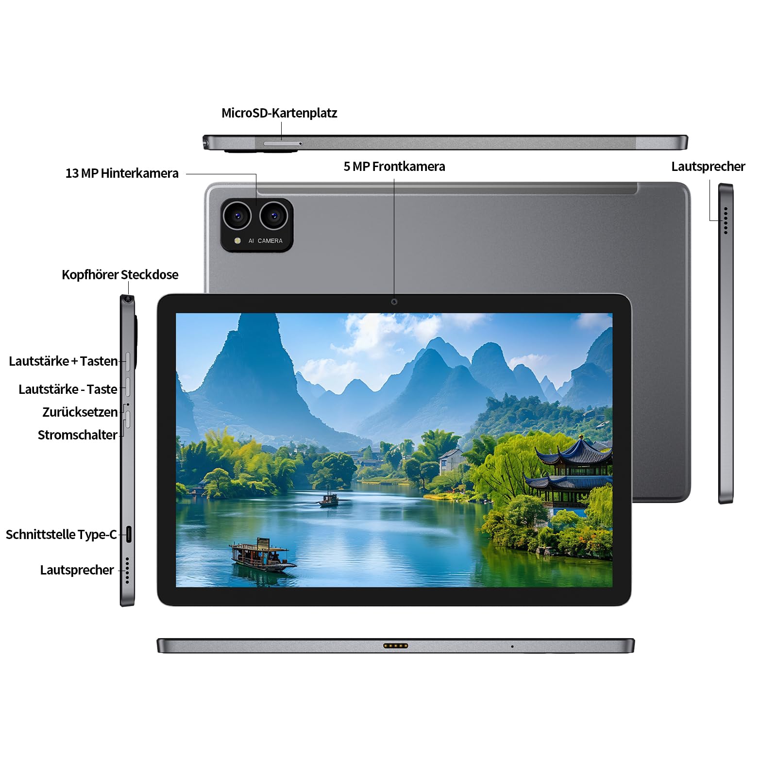 VASOUN Tablet, Android Tablet 10 Zoll,128GB ROM 1TB Expandable,T606 Octa Core Tablet,4G Anruf/ 5GWIFI,8000mah Batterie,5MP+13MP Dual Kamera,18W Schnellladung,Grau