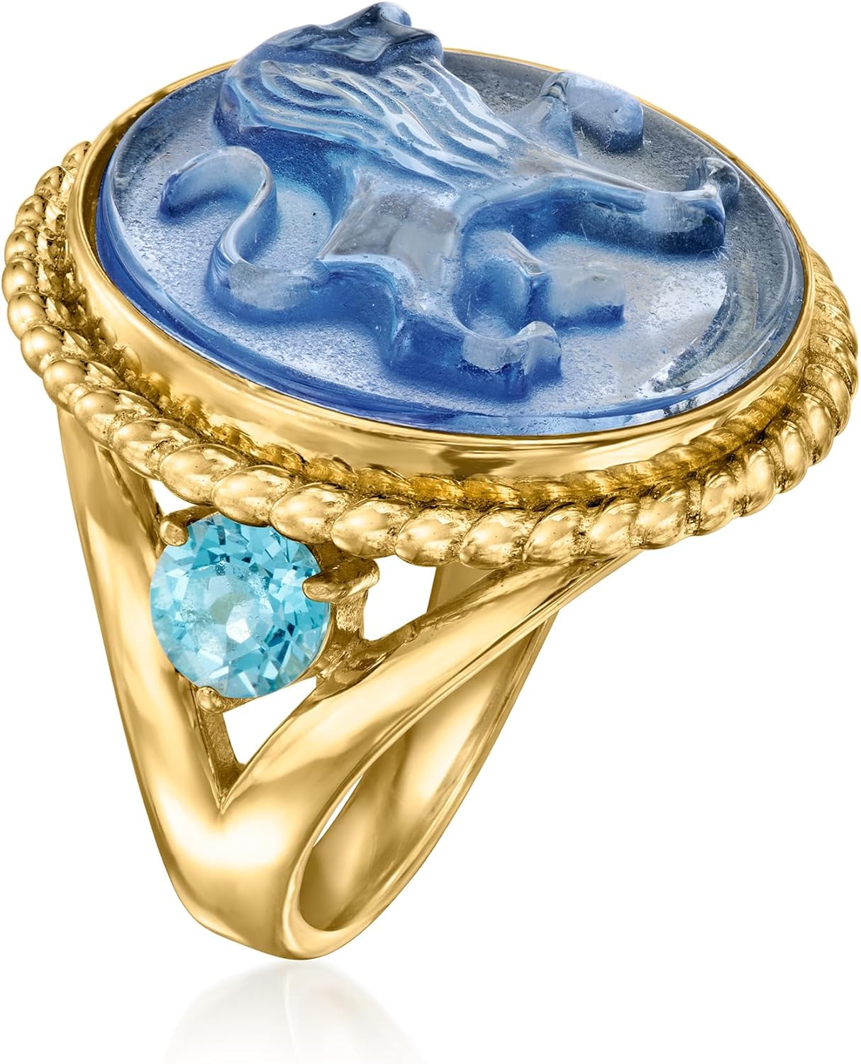 Ross-Simons Italian Tagliamonte Blue Venetian Glass Lion Ring With 1.00 ct. t.w. Swiss Blue Topaz in 18kt Gold Over Sterling