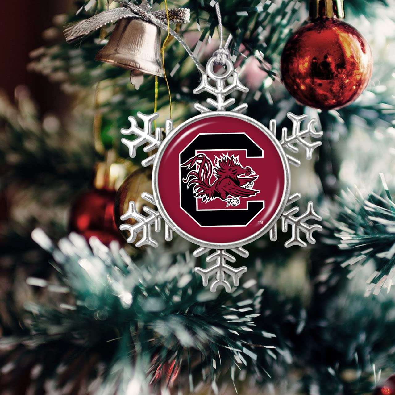 South Carolina Gamecocks Snowflake with Team Logo Silver Metal Christmas Ornament Gift Tree Decoration