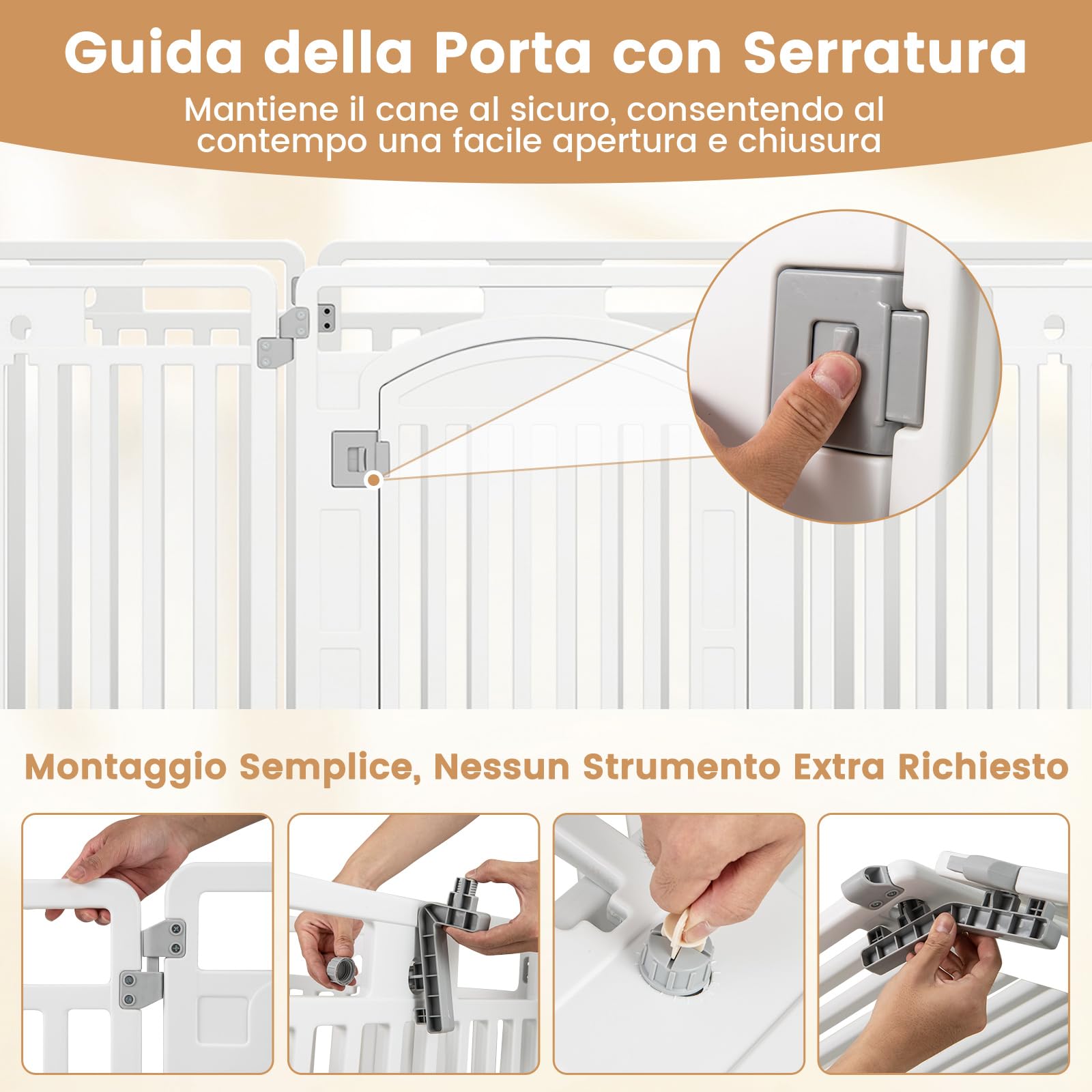 COSTWAY Pannello in Plastica per Cani a 8 Pannelli, Recinzione Portatile per Animali Domestici, Cancello Pieghevole con Porta di Sicurezza con Serratura per Cani, Recinto Pieghevole, 192 x 65 x 80 cm