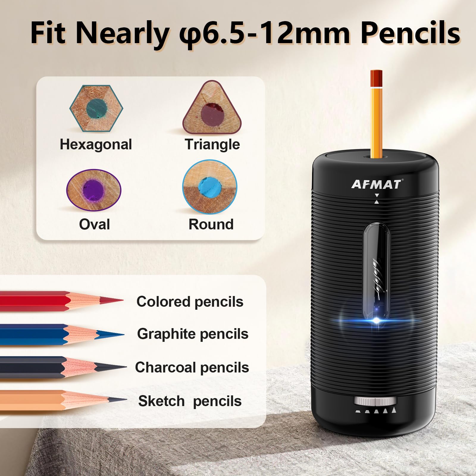 AFMAT Electric Pencil Sharpener Fully Automatic Pencil Sharpener Auto in & Out Rechargeable Hands-Free Sharpeners for Jumbo & Colored Pencils 6.5-12mm Portable for HomeClassroomOffice PSC2 product thumbnail 7