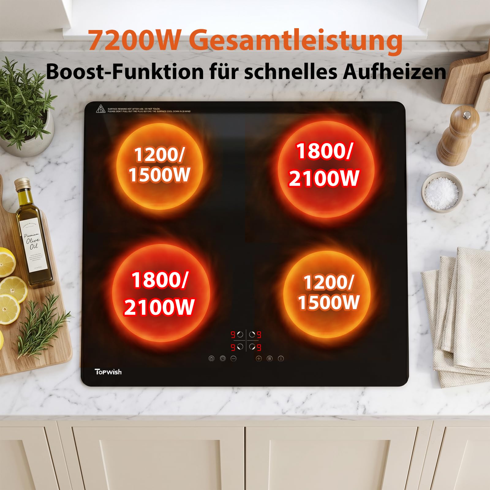 Topwish Induktionskochfeld, Induktionskochfeld 4 platten | Herdplatte 4 kochfelder, Kochfeld induktion mit Kindersicherung, Boost, Touchsteuerung, Restwärmeanzeige, 7200W