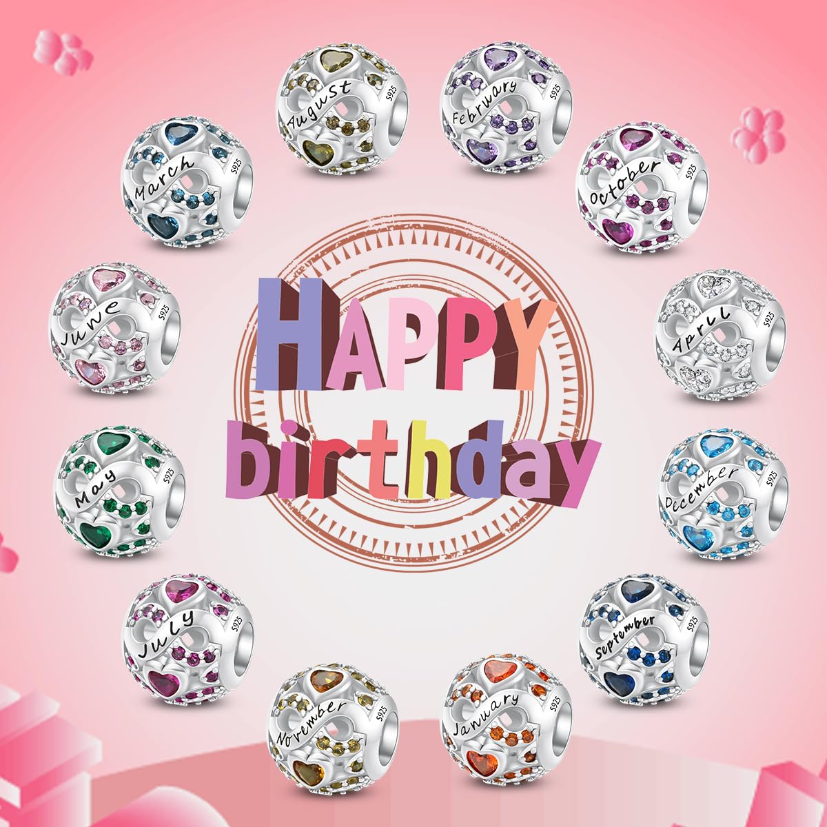 HappyStar Birthstone Charms Colgante de plata 925 Abalorios para pulseras, Compatible Pandora Pulseras plata mujer Europeos para mujeres Original Piedra Natal Encantos