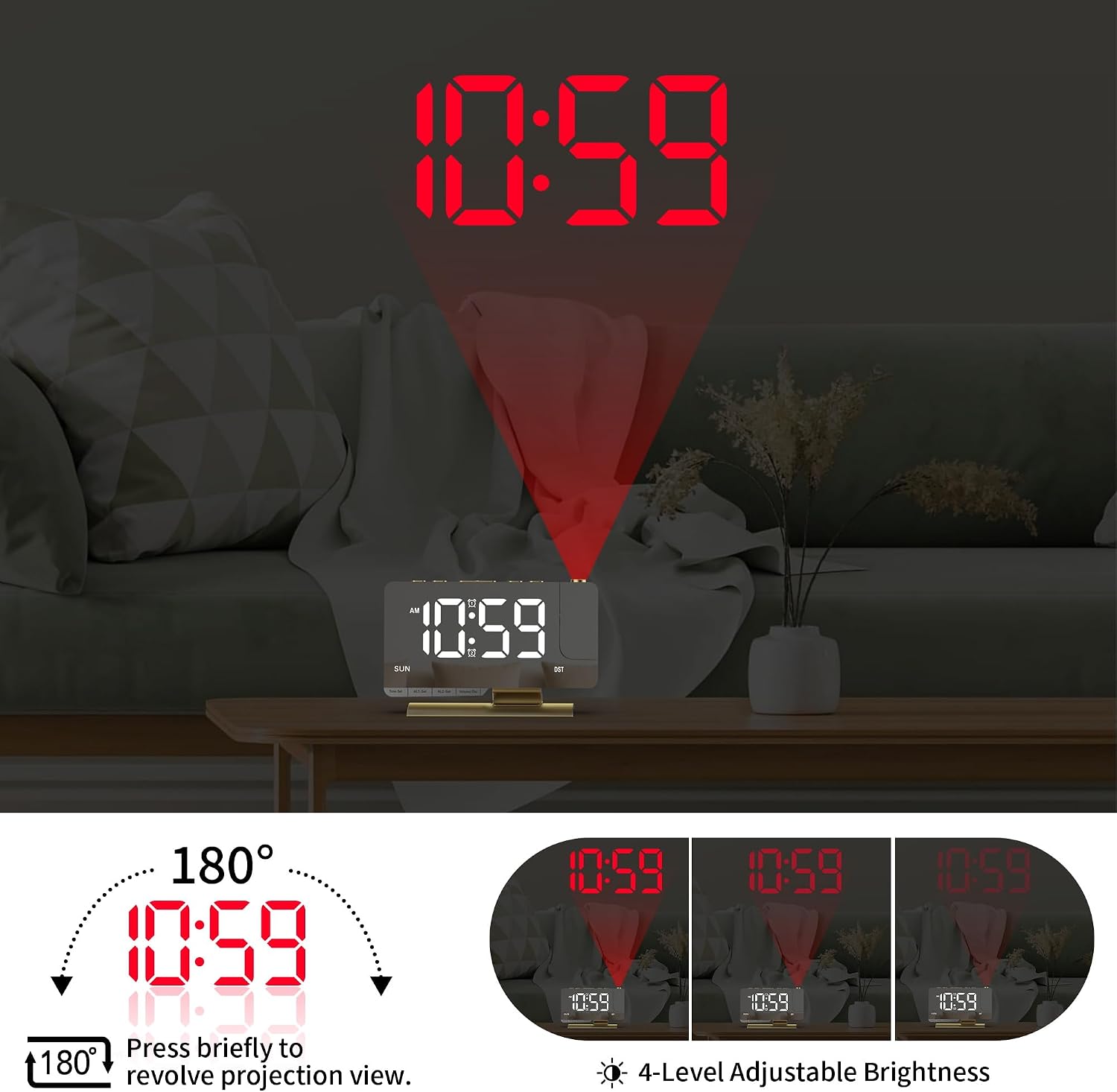 Projection Alarm Clock for Bedroom Ceiling, Gold Digital Clock Room Decor | Loud Alarm,Adjustable Brightness,7.3 inch Mirror Clock,Large LED Display, Charger Snooze DST Date 2 Alarms