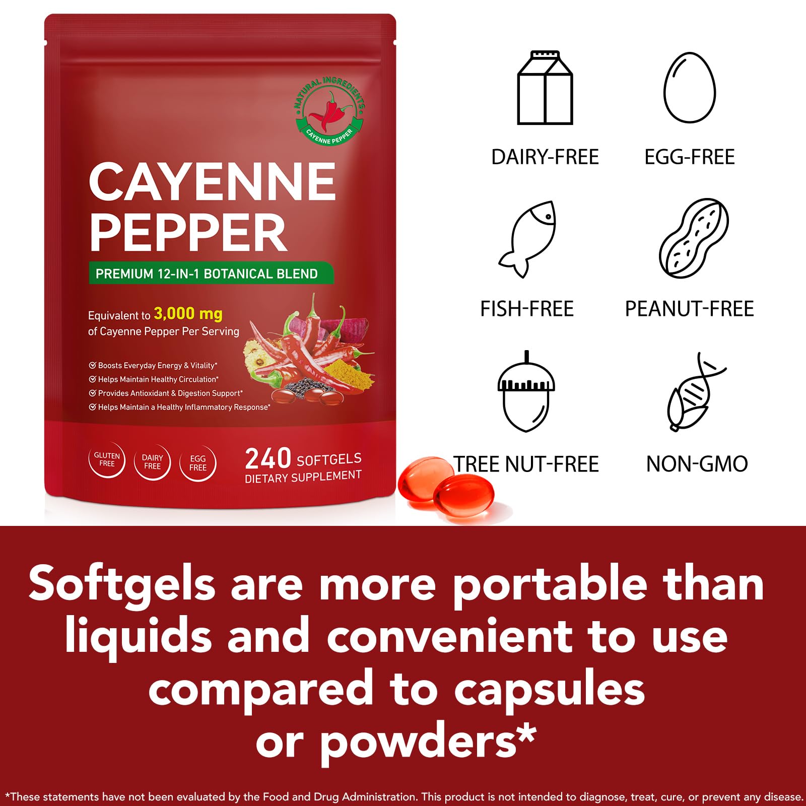 Cayennepfeffer Softgels, 12-in-1 Nahrungsergänzungsmittel mit Cayennepfeffer, Vitaminen D3, K2 & E, mit Weißdorn, Rote Bete & Kurkuma, 240 Weichkapseln
