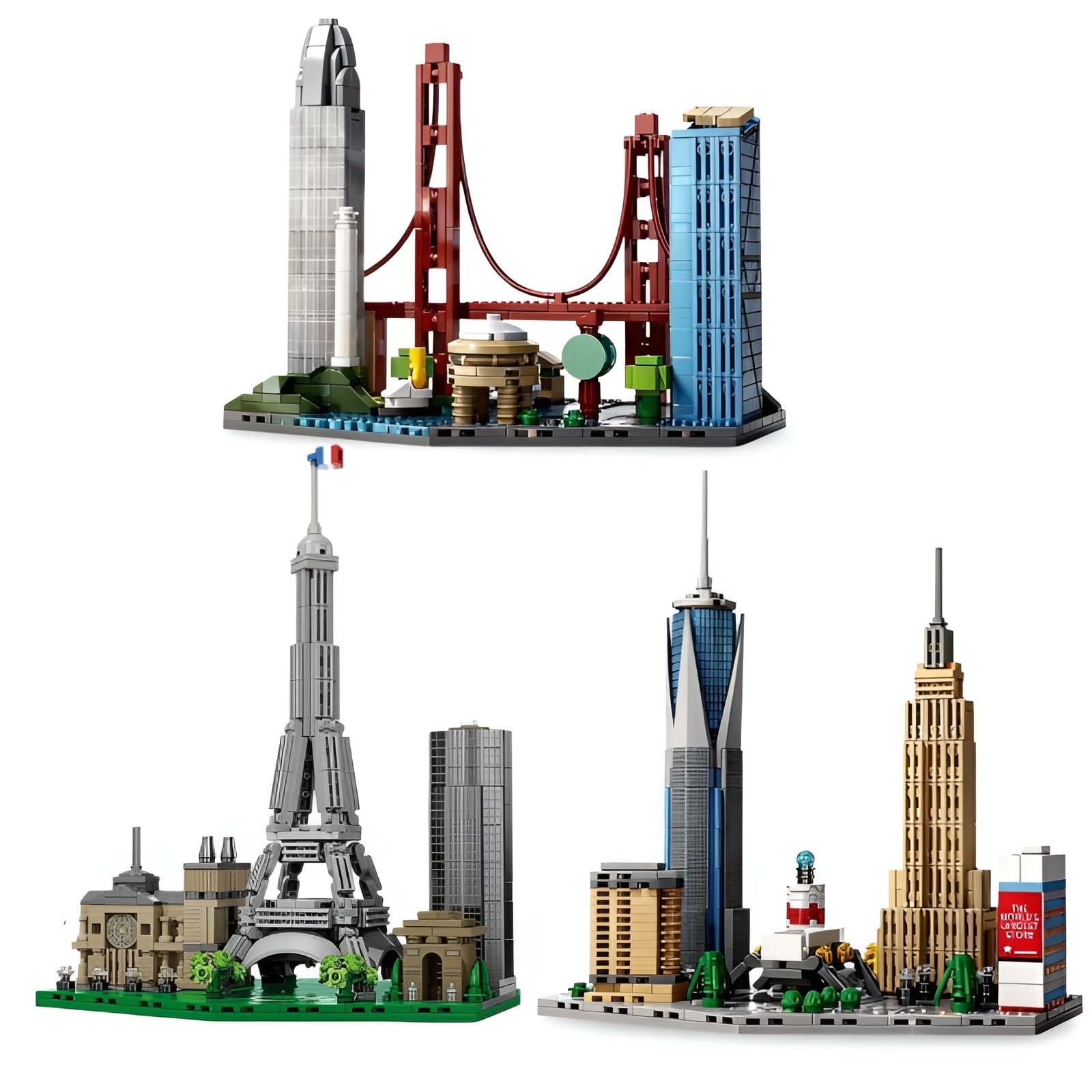 Mini Architecture Building Blocks Set, 3 Famous World Architecture Skyline Building Kit, Paris, New York City, San Francisco Includes Golden Gate Bridge, Eiffel Tower, Gift for Lover, 1648 PCS