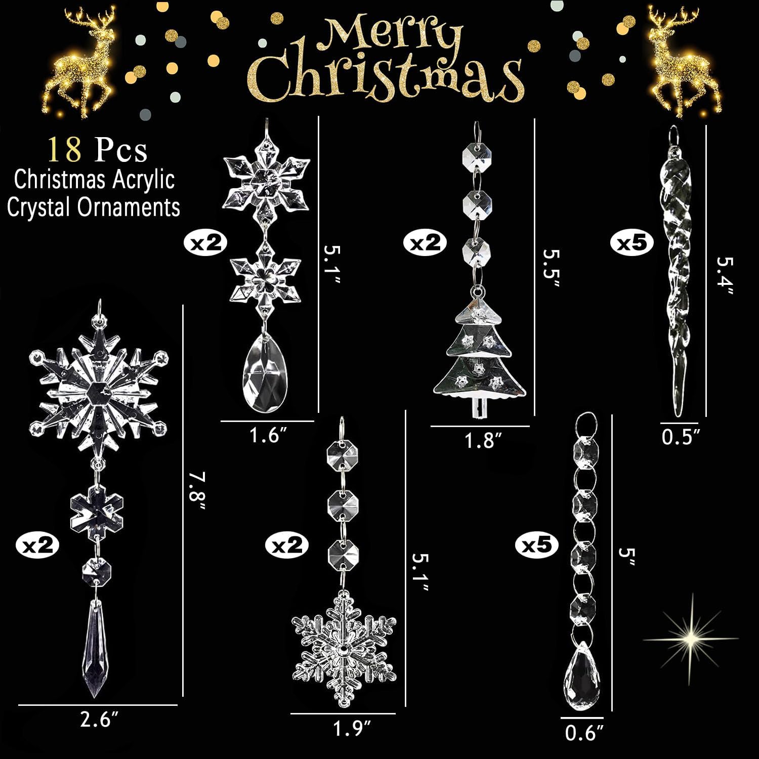 18個 クリスタルクリスマスオーナメント ツリーデコレーション用 ハンギングアクリルスノーフレークとつららオーナメント ドロップペン