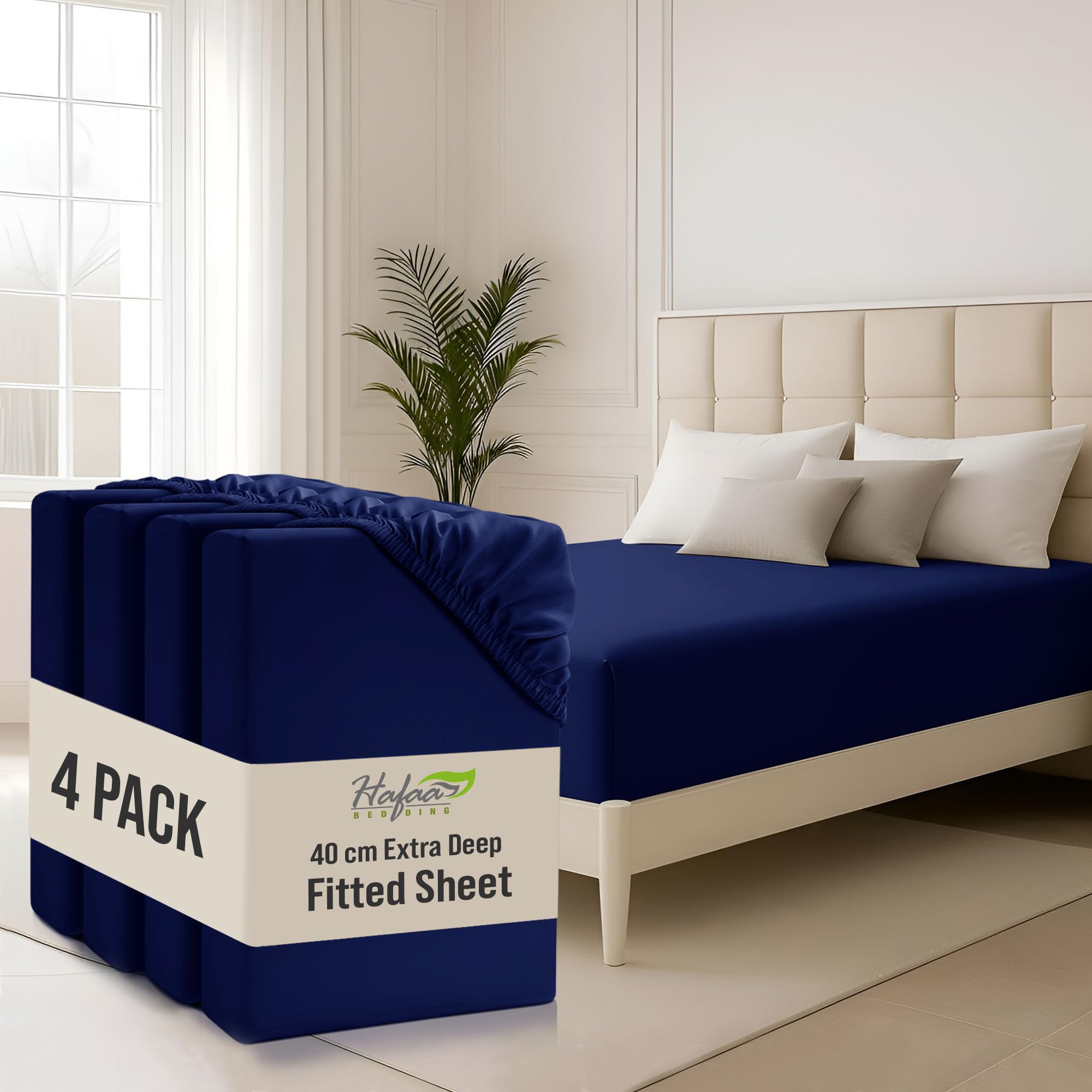 Hafaa Double Fitted Sheet 4 Pack 40Cm Deep Pocket 16 Inch Navy Bed Sheets Hotel Quality Soft Brushed Microfiber Fabric Breathable Shrinkage Fade Resistant Bedsheet