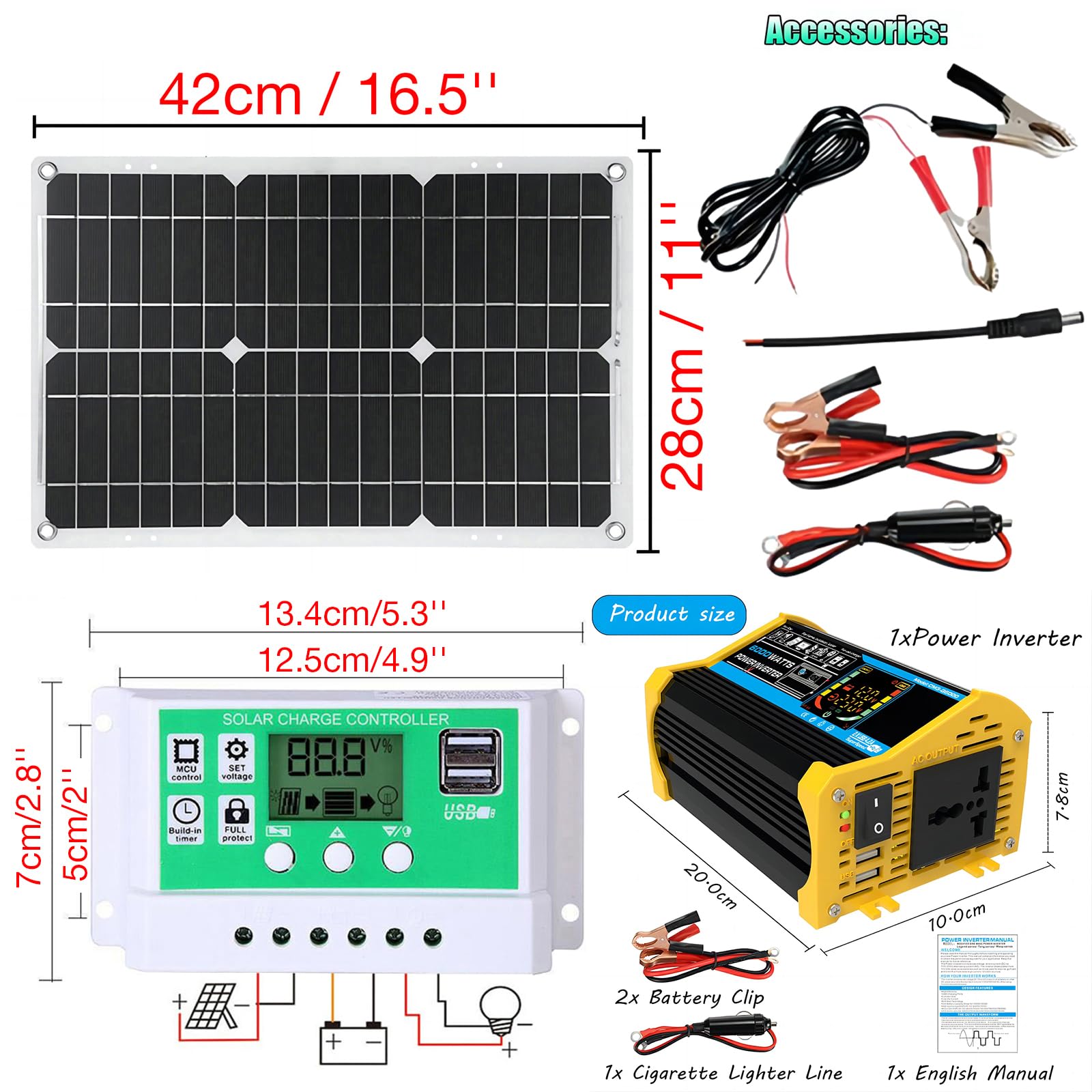 Zestaw monokrystalicznych paneli słonecznych o mocy 100 W z lekkim falownikiem do kamperów, na kemping i łódź – przenośny system zasilania słonecznego(Black,50W)