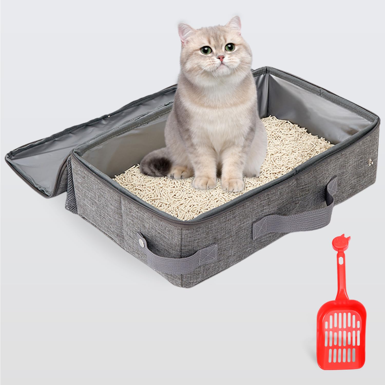 Arenero Gatos Cubierto Plegable Portátil, Caja Arena Gato con Cremallera y asa Tipo Pala, Inodoro Portatil para Viajes, Liviana, Fácil de Limpiar, Plegable, a Prueba de Fugas