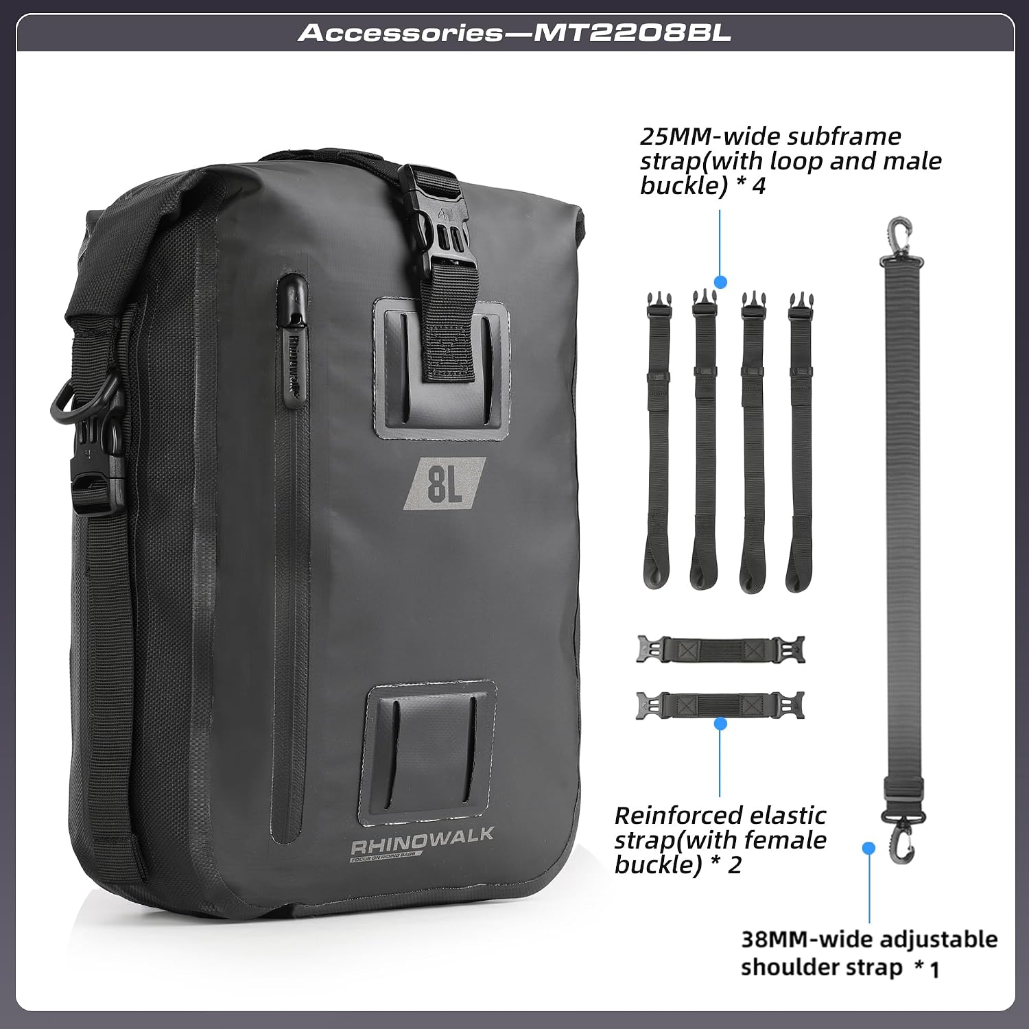 Waterproof Motorcycle Tail Bag 8L Motorbike Rear Rack Storage Bag Saddle Pannier for Touring Adventure Commuting Black