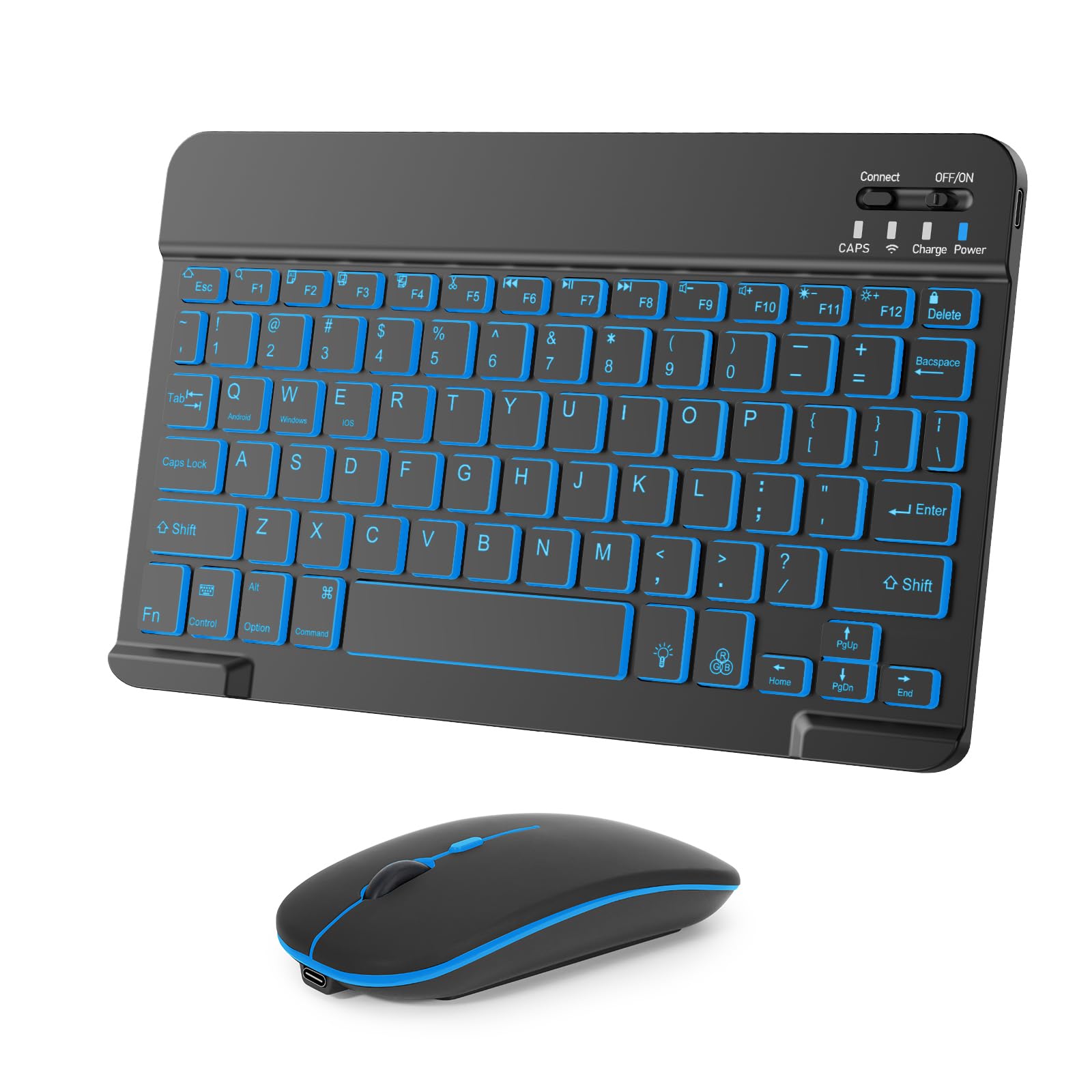 Wireless Keyboard And Mouse Combo, Rechargeable Bluetooth Keyboard & Mouse with 7 Color Backlit and 2.4 GHz Wireless USB Receiver, Compatible with