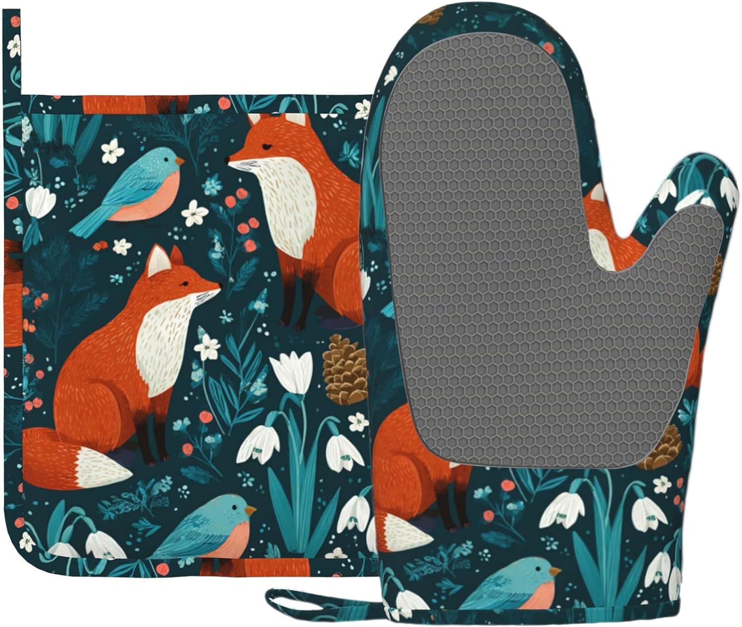 Forest Fox Animal Oven Mitts and Pot Holders Sets Green Floral Silicone Kitchen Mitts Potholders Heat Resistant Oven Gloves Hot Pads for Kitchen Baking Cooking
