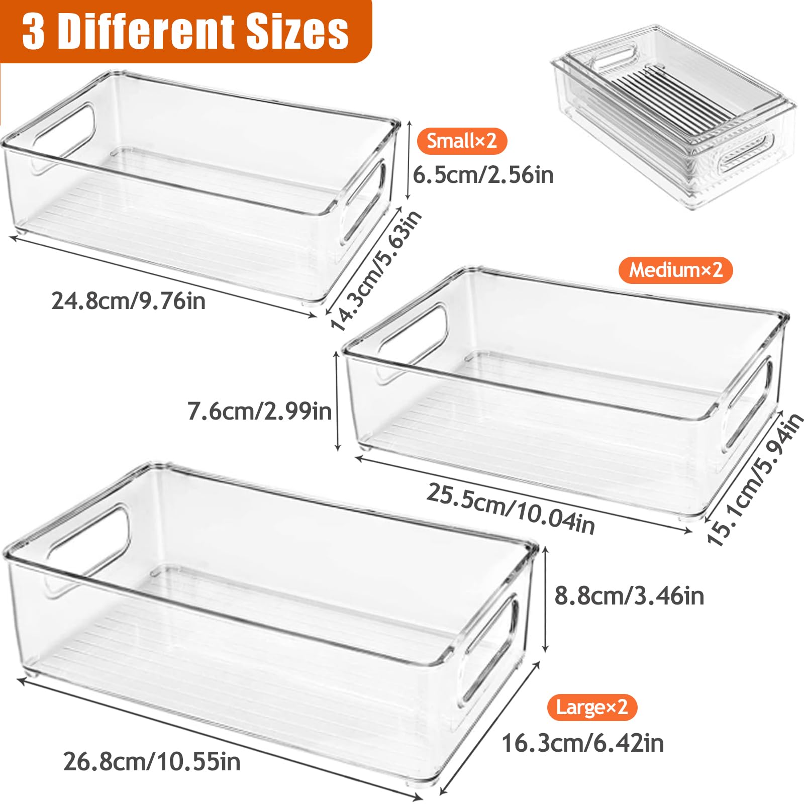 6Pcs Organizer Frigorifero Impilabili con Maniglia, Set Contenitori Frigo Trasparente, Cestini Organizzatori Salvaspazio Senza BPA per Cucina, Armadietti, Bagno, Dispensa, Congelatore, Ripiani