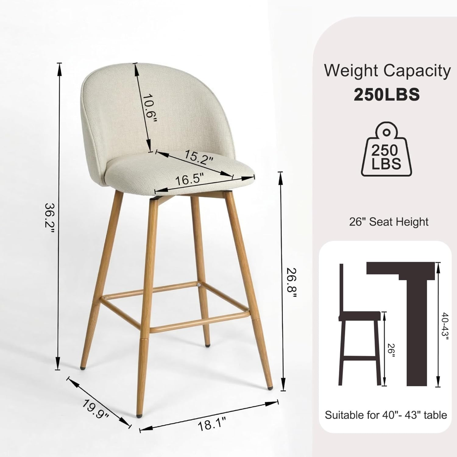 Homy Casa Set of 2 Swivel Counter Height Bar Stools with Ergonomic Seat Footrest and 26 Inch Seat Height for Kitchen Island Dining Room and Home Bar, Beige