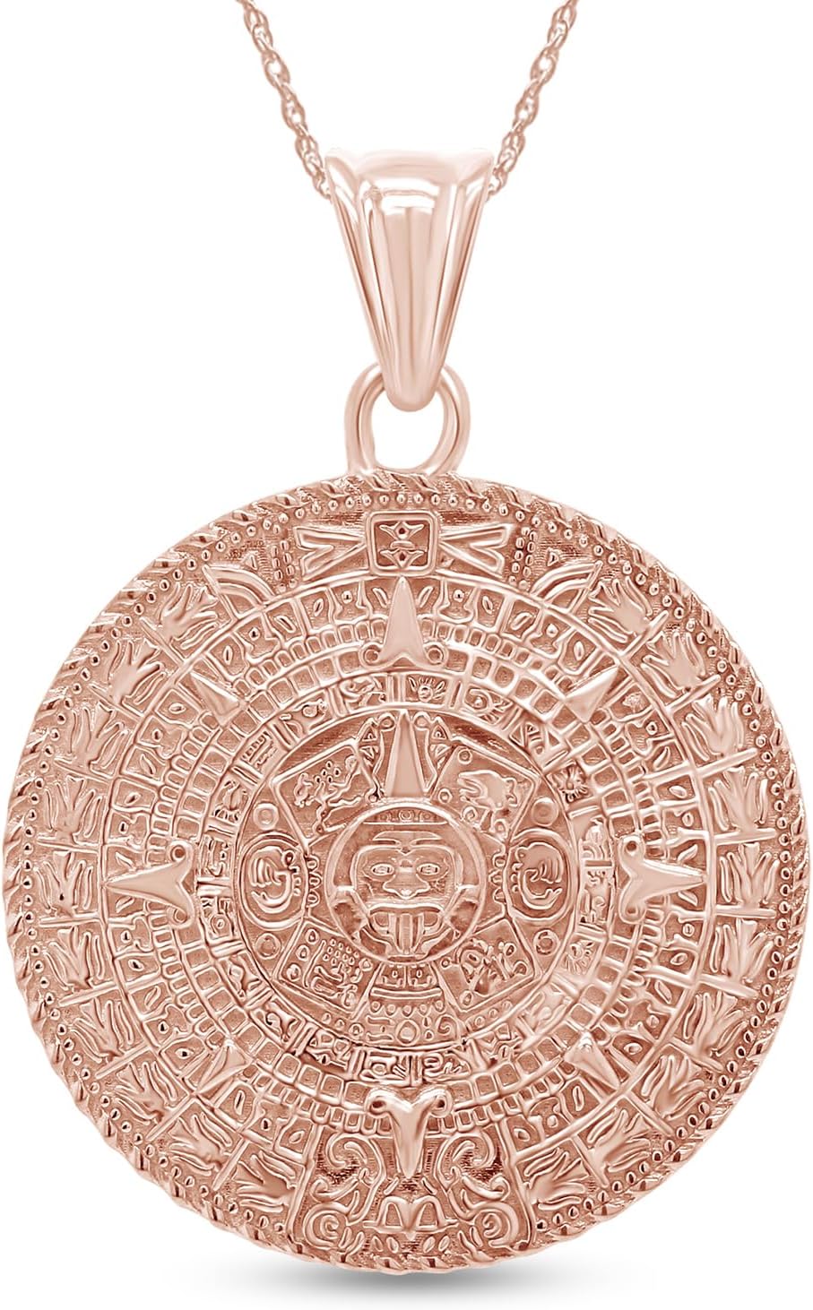Aztec Mayan Sun Calendar Charm Pendant Necklace for Men and Women 14K Gold Plated 925 Sterling Silver Medallion Pendant Necklace with 18-Inch Rope chain