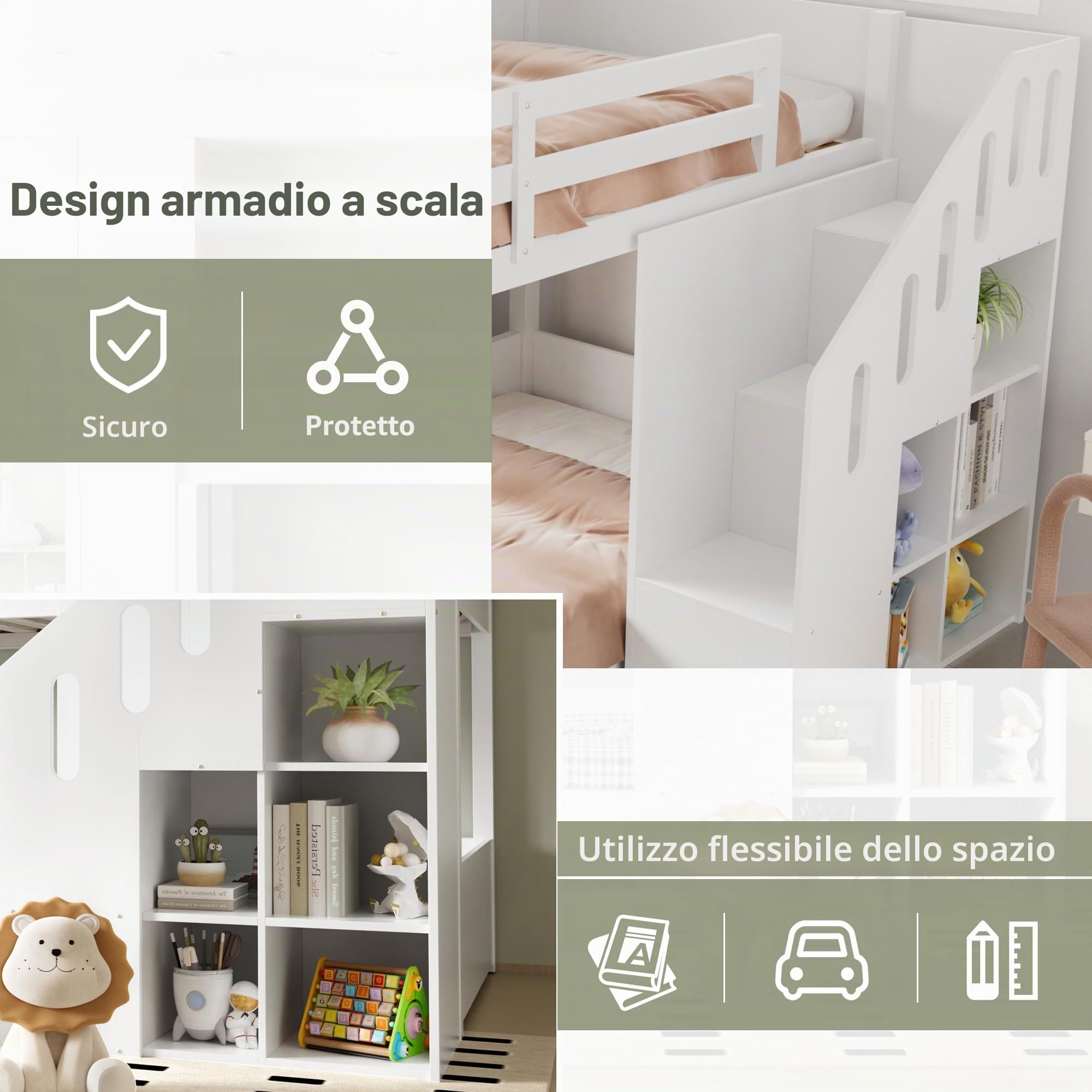 Letto a castello 90 x 200 cm, per 2 bambini, letto a castello per bambini, letto matrimoniale con scale e armadietti, protezione multifunzionale con ringhiera stabile, colore: bianco