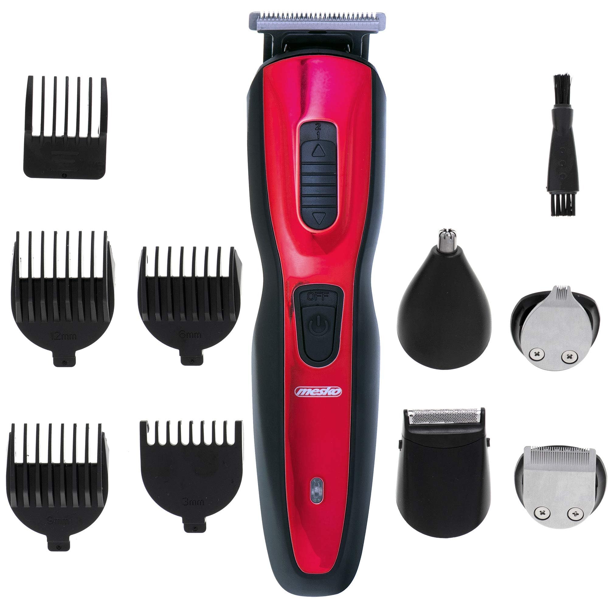 Mesko MS2931 Cortapelos Hombre Maquina de Afeitar Cortar Pelo y Barba, Trimmer 5 Cabezales Acero Inox Intercambiables, 5 Peines Ajuste de Corte, Batería Recargable, Rasuradora, Rojo/Negro