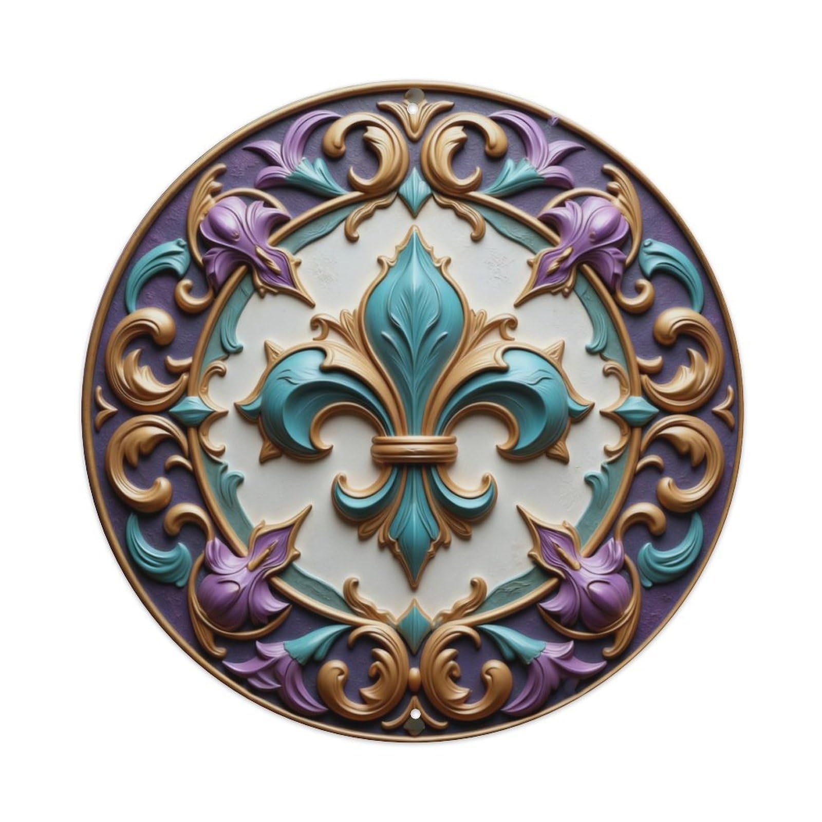 Effect Ornate Circular Fleur De Lis Round Vintage Metal Tin Sign Retro Wall Decor Poster, Ideal for Home Office Living Room Bar Man Cave, 8x8 Inch