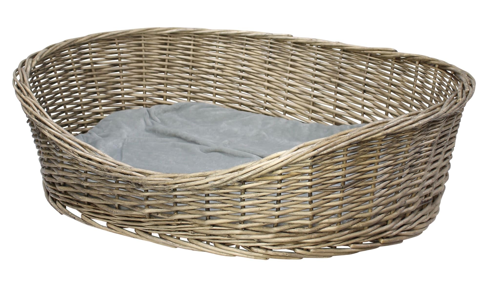 Dekoleidenschaft Hundekorb Koboo Grey aus Weide, Gr. XL 90x70 cm, Hundebett für mittelgroße Hunde, Tierbett mit Kissen, Weidenkorb