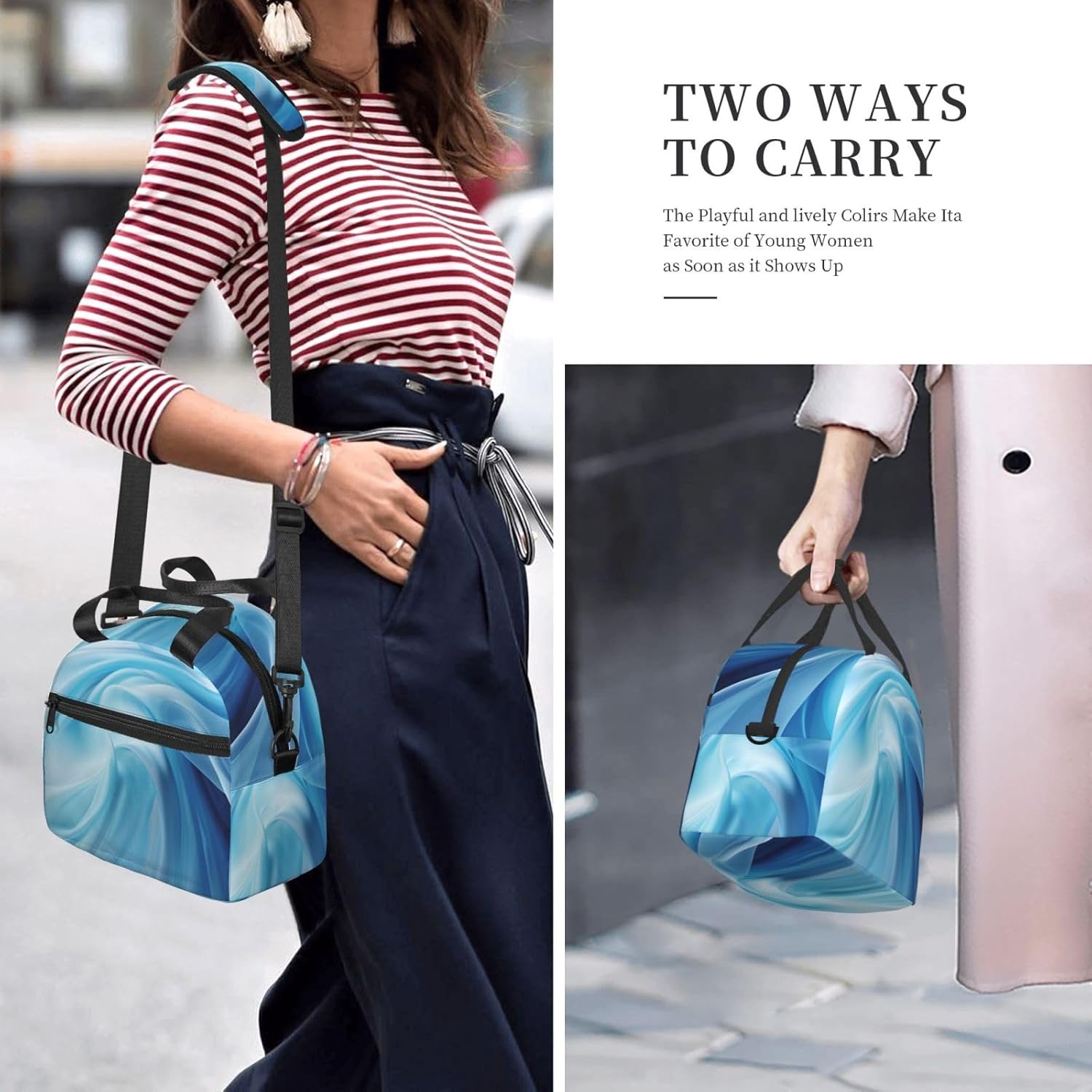 Blue Line Print Reusable Lunch Bag Insulated Lunch Boxes for Office Work Picnic Tote Bag Adjustable