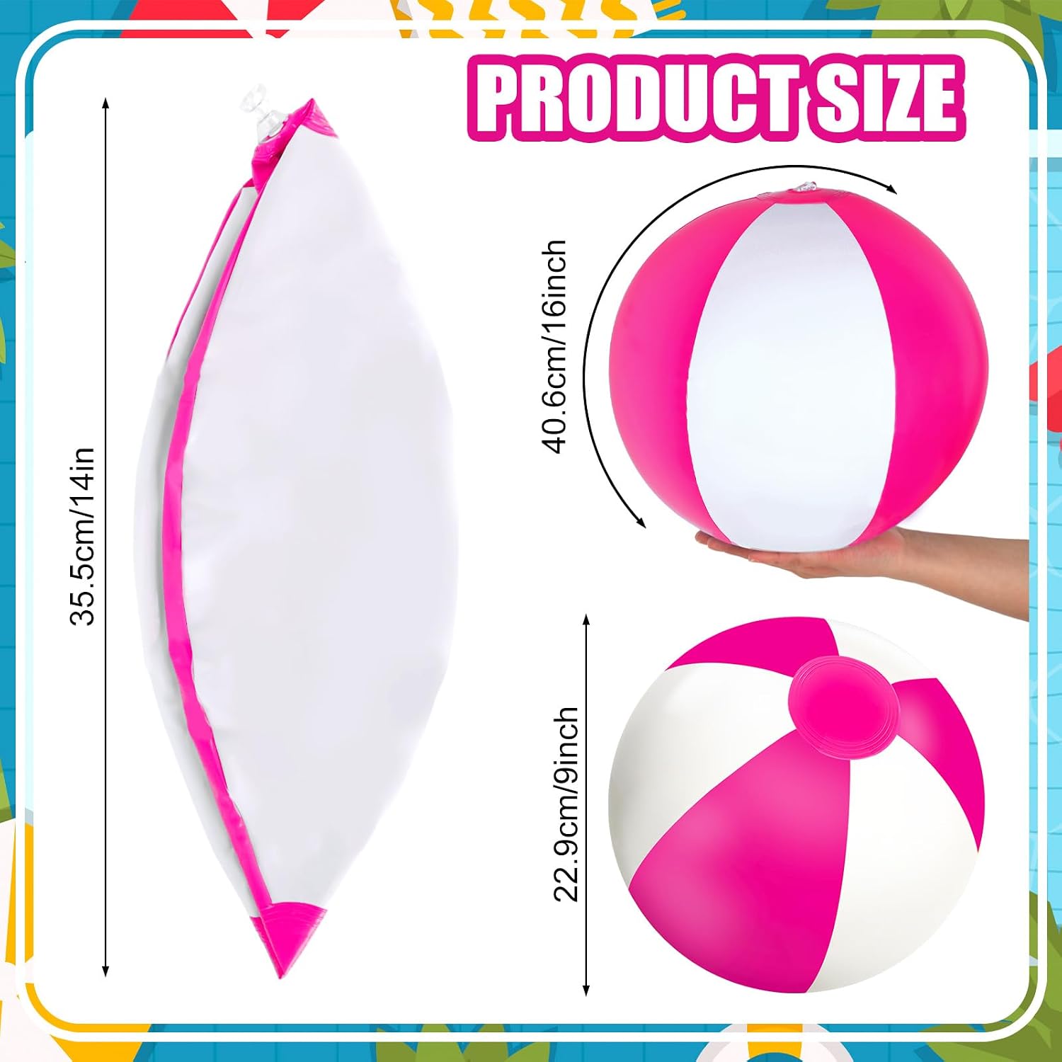 Whaline 16Pcs 16'' Hot Pink White Inflatable Beach Ball Round Pool PVC Balls Game Toys for Summer Hawaiian Tropical Theme Beach Party Decorations Water Sand Game Accessory