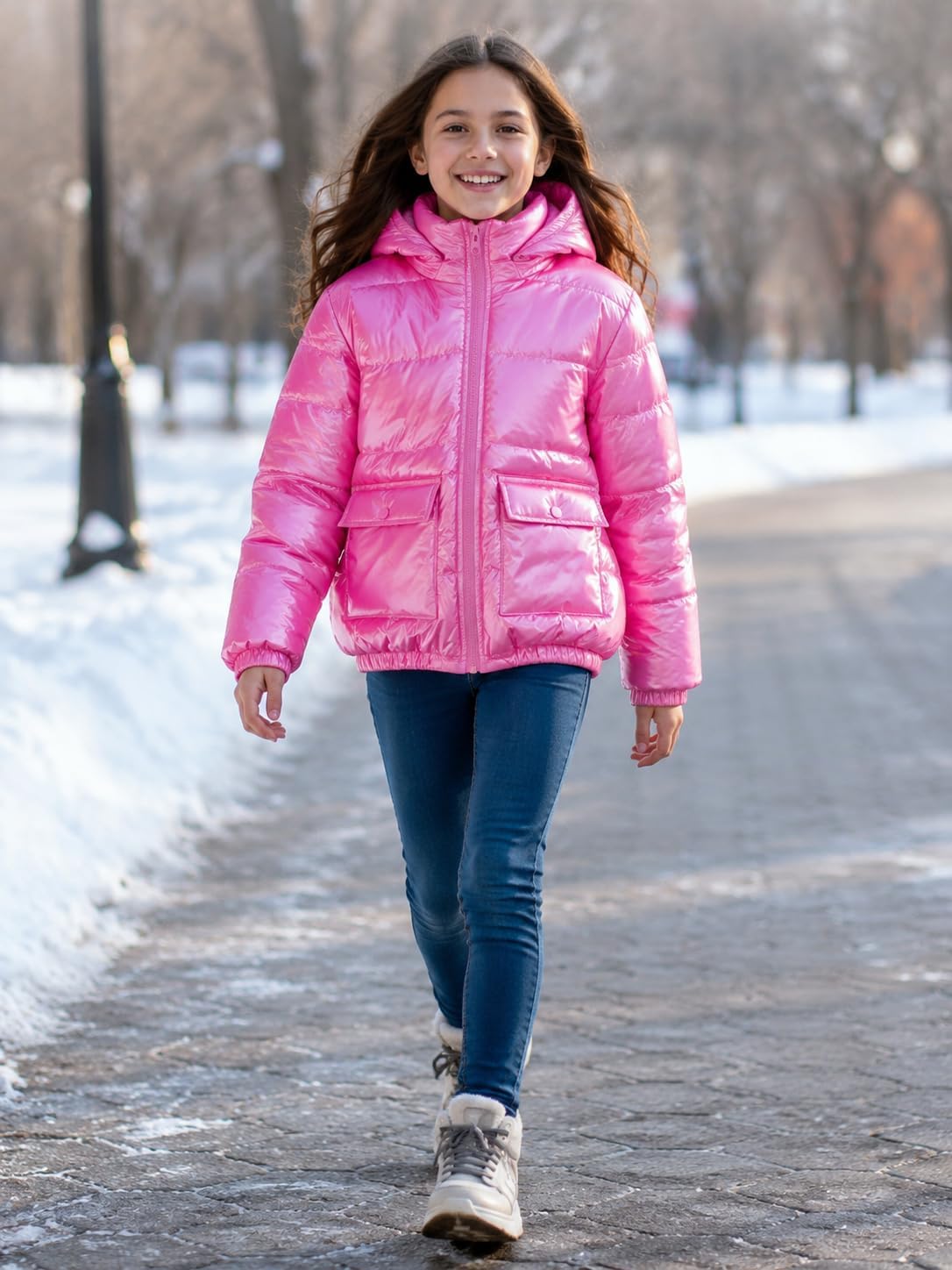 Funnycokid Girls Winter Coat Metallic Shiny Hooded Puffer Jacket 7-14Y
