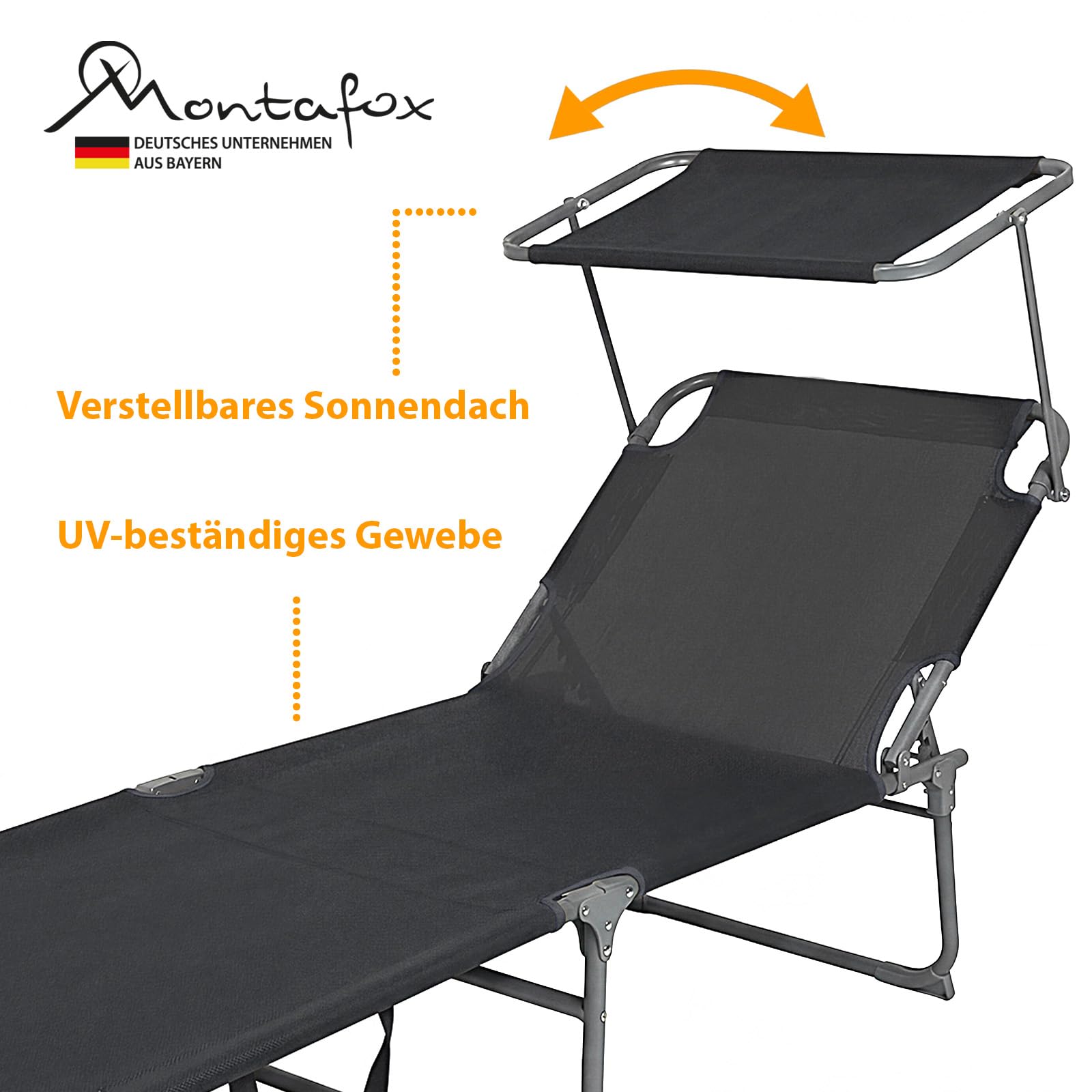 Montafox Sonnenliege 195 x 59 x 32 cm Strand Liege Tragbar max.150 kg Sonnendach Verstellbar Rückenlehne Garten Pool Terrasse Klappbarer Liegestuhl, Farbe:grau