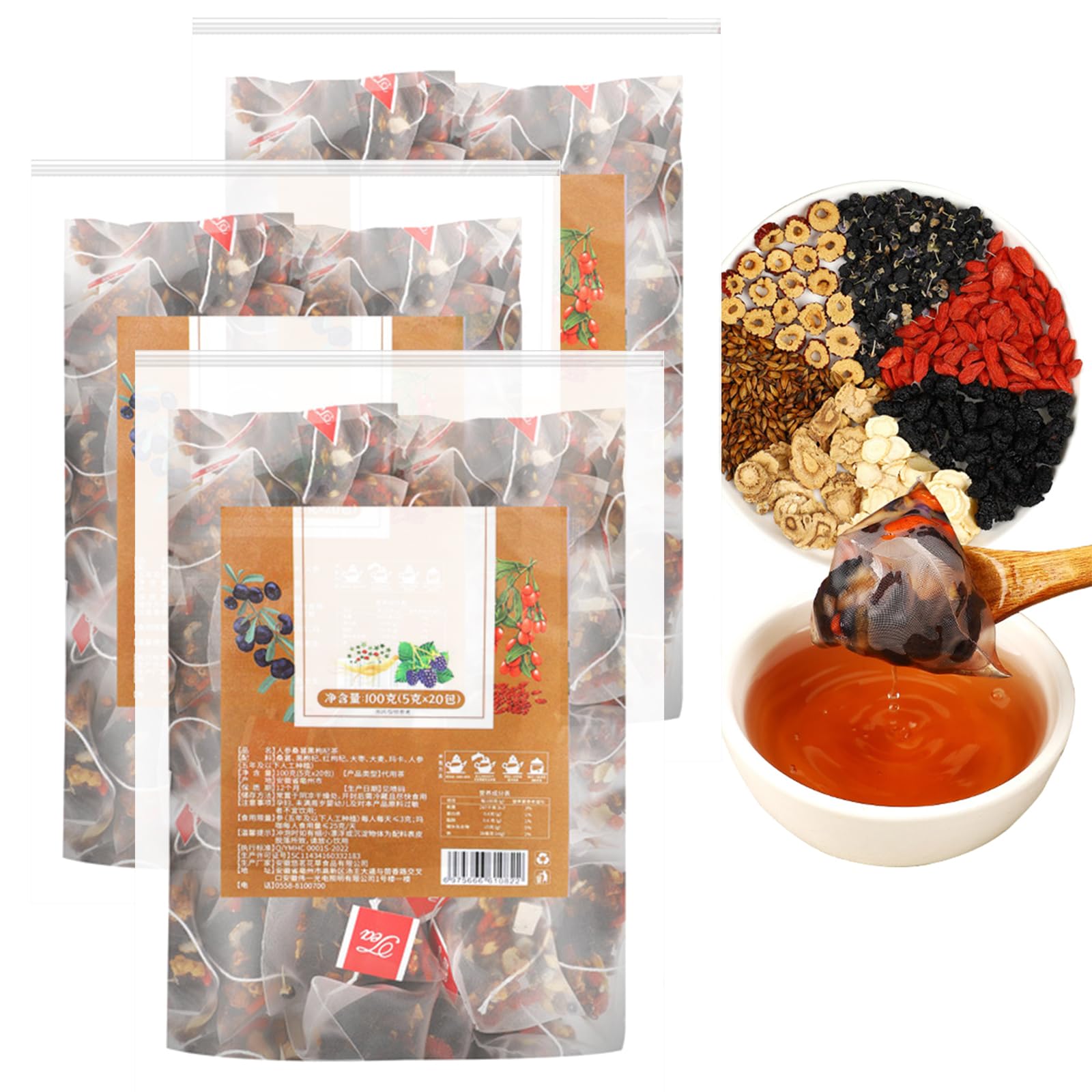 Qiamia 20Bags Ginseng Six Treasure Tea, Ginseng Tea Bags, Kidney Formula Tea Suitable for Both Men and Women (100g/5g x 20bags) (3)