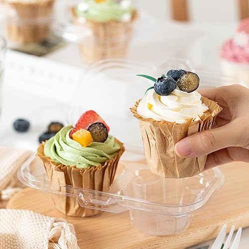 Miniatura 5 de Bekith 60 recipientes de plástico con 2 compartimentos para cupcakes, desechables con tapa hermética conectada, caja transparente apilable para