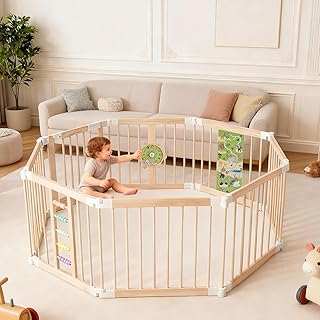 Wooden Baby Playpen, Large Foldable Play Yard for Babies and Toddlers, 60"x60"x24" Montessori Play Fence with Activity Center,Easy Fold & Safety Gate for Indoor Play Area
