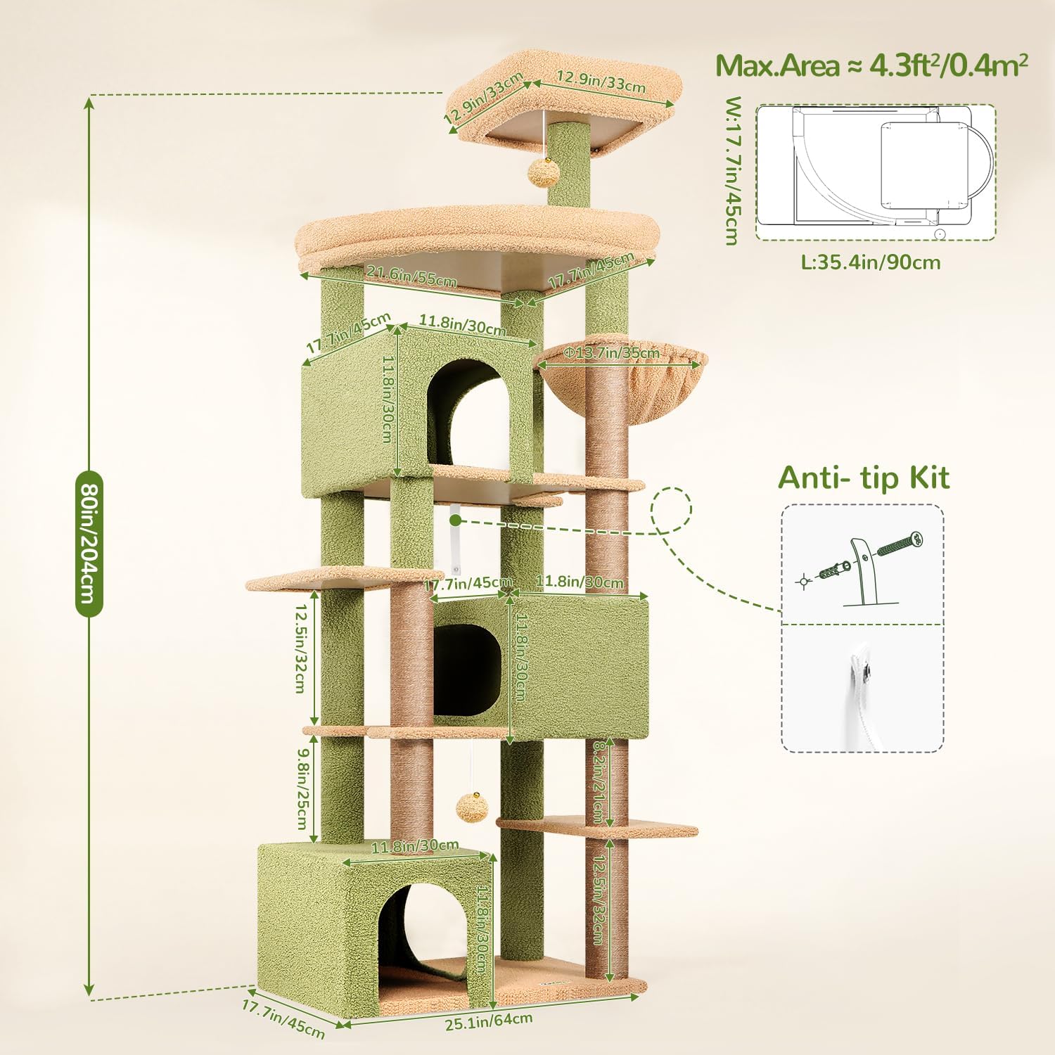 Globlazer Extra Large Catus Cat Tree Tower for Indoor Cats Large Adult, 80in Tall Heavy Duty Cat Tree with 3 Spacious Cat Condos, Oversized Fan-Shaped Perch, 6 Sisal Scratching Posts, S80, Green
