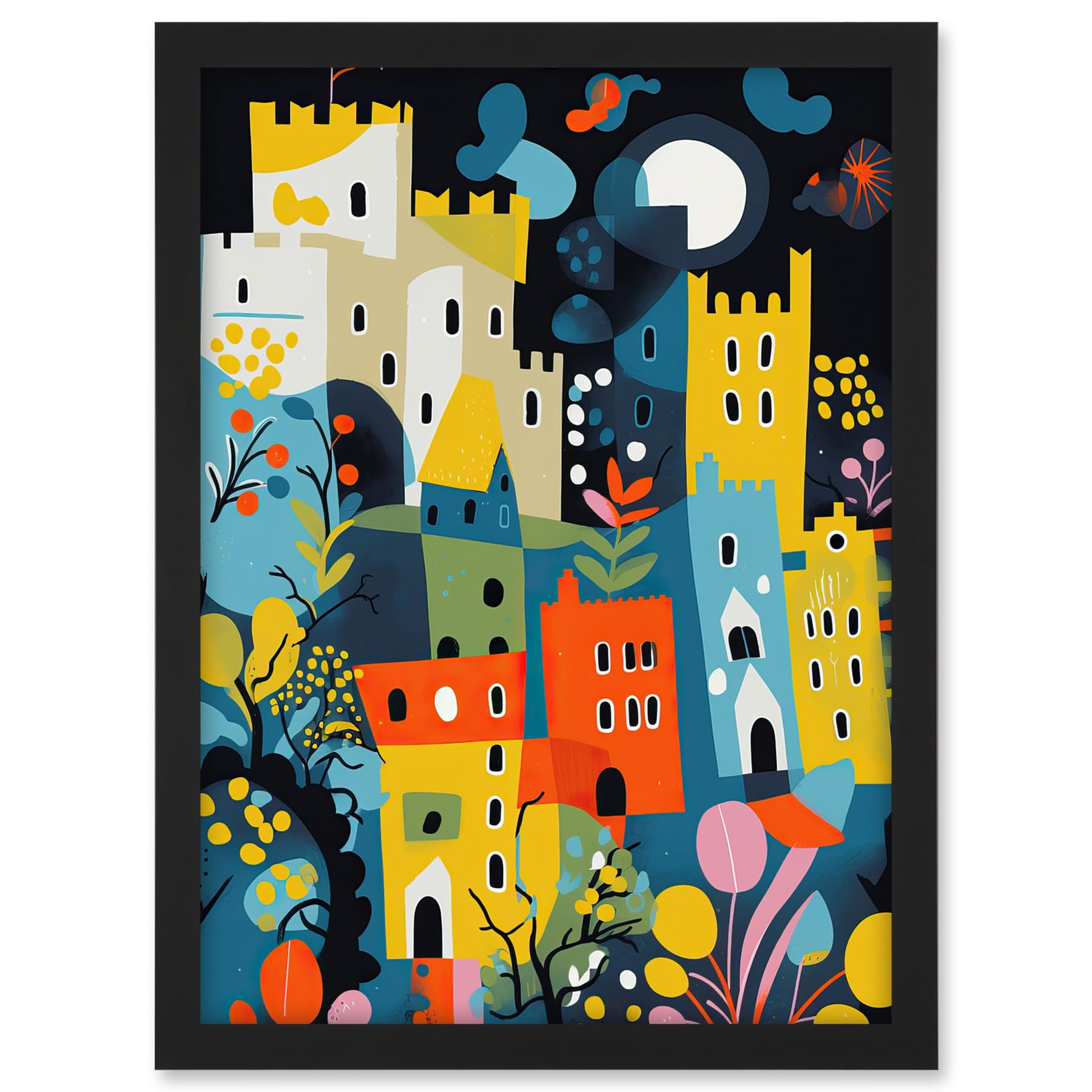 Artery8 Nottingham at Night Abstract Folk Art Cityscape Artwork Framed A3 Wall Art Print