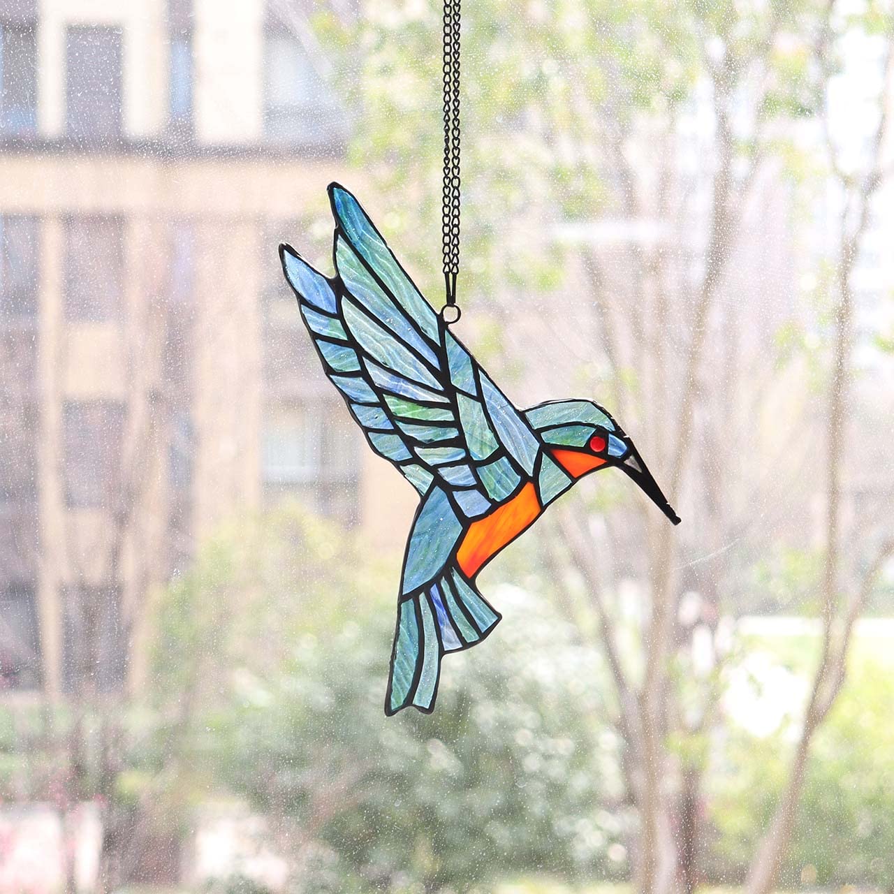 Bieye W10049 Colibrí Tiffany estilo vidriera colgado para ventana con cadena y gancho de ventosa (7 pulgadas de ancho x 8 pulgadas de alto)