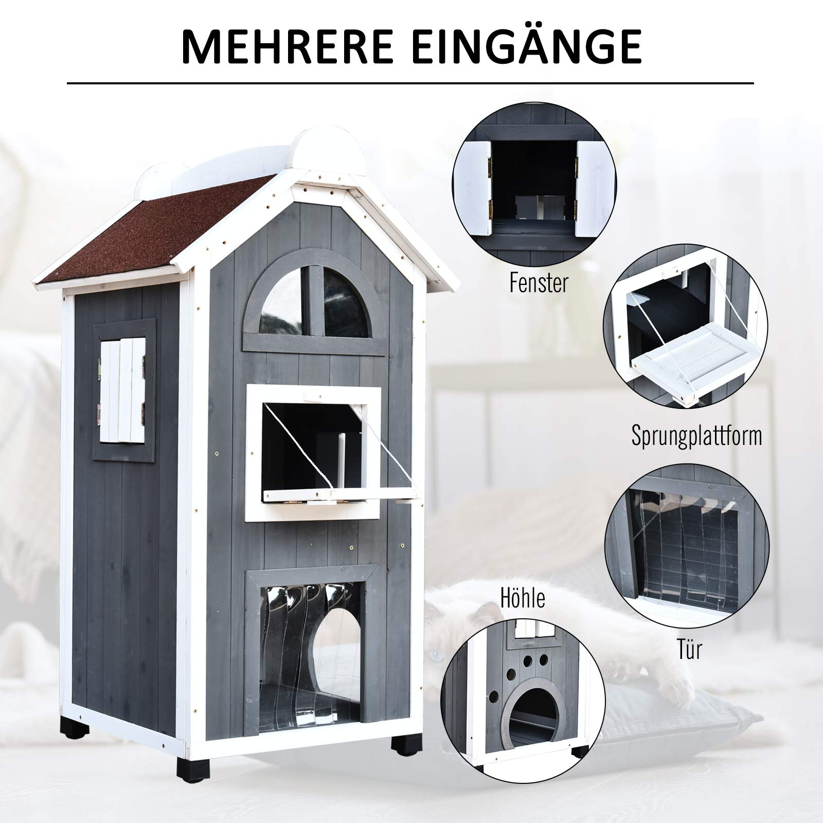 PawHut Katzenhaus für Draußen 2-stöckiges Katzenhaus aus Tannenholz, wetterfest Katzenhütte mit Asphaltdach, Grau, 59 x 55 x 109 cm