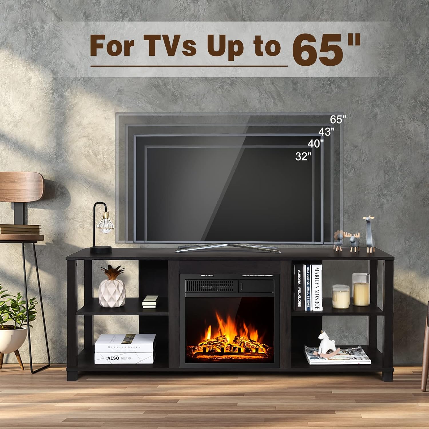 Tangkula Faux Fireplace TV Stand for 65 inch TV, with 18 inch 1500W Recessed Electric Fireplace, 7 Flame Settings & Remote Control