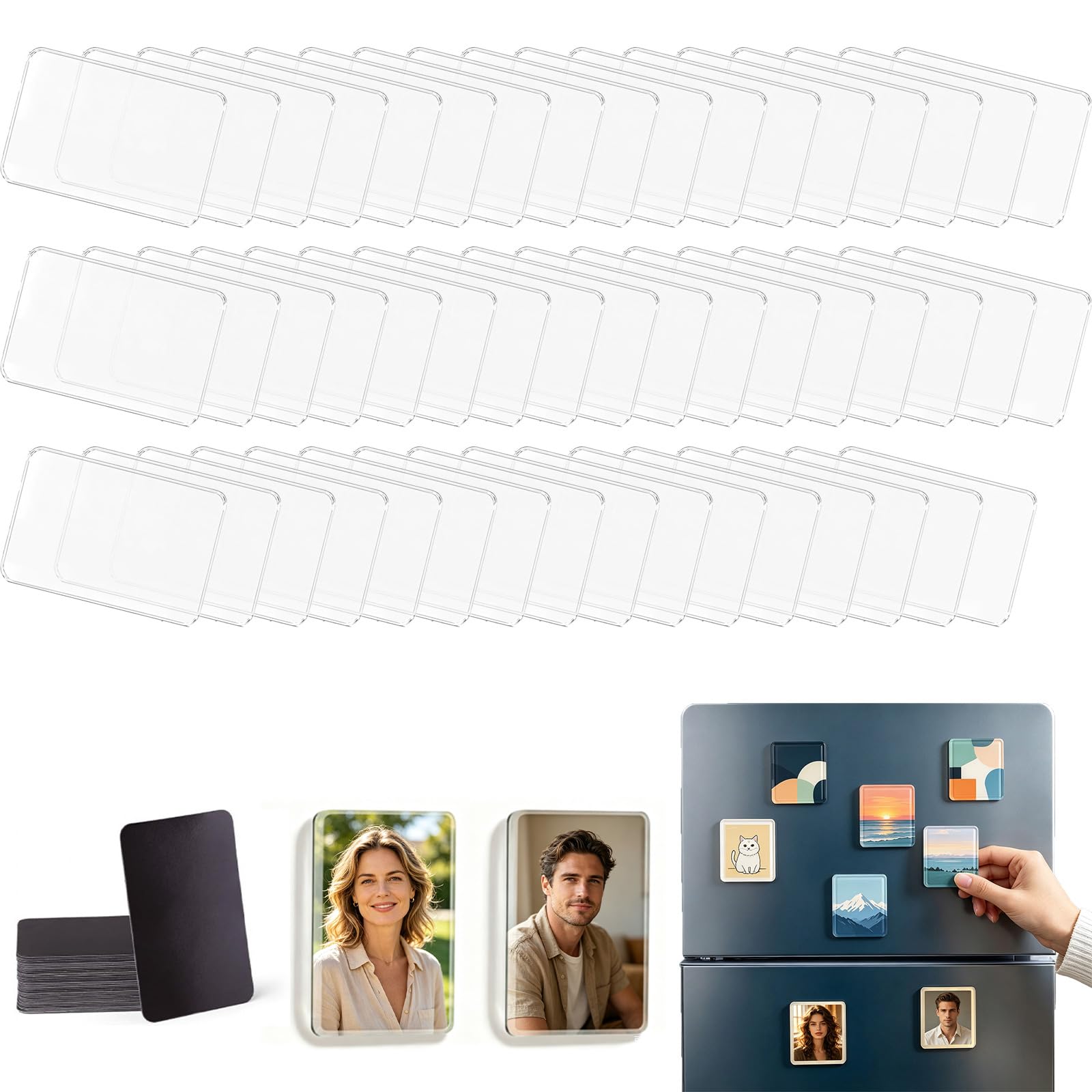 Acrylic DIY Fridge Magnet Kit, Magnetic Photo Frame Kit with Adhesive Backing, Blank Refrigerator Picture Frames for Photos, Crafts, Kitchen, Classroom, Office & Party Decoration，Rectangle：50pcs